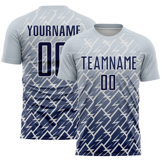 Custom Silver Navy-White Lightning Sports Sublimation Soccer Uniform Jersey - Main View