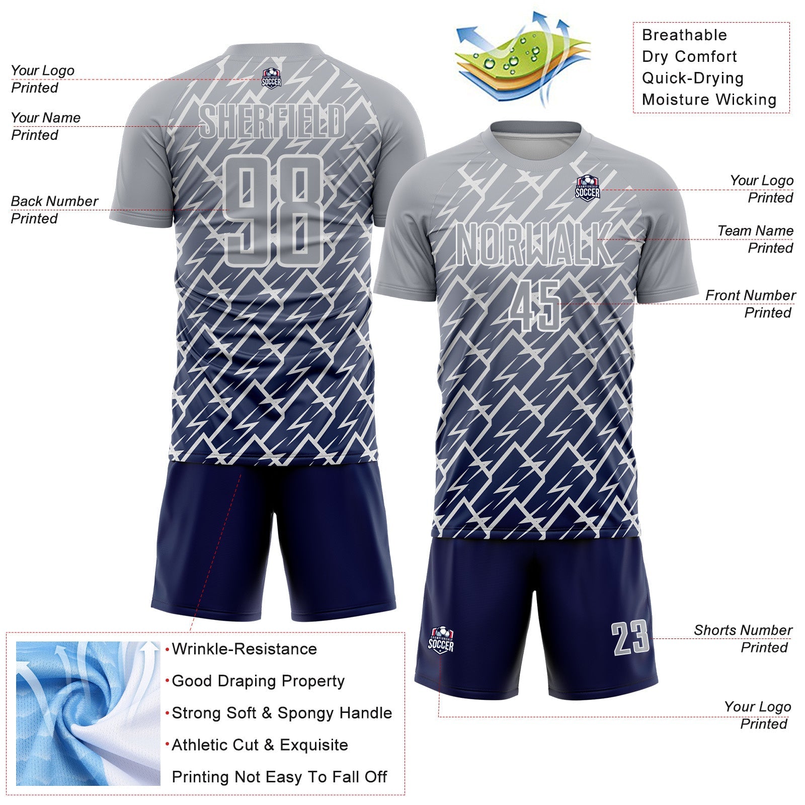 Custom Gray Navy-White Lightning Sports Sublimation Soccer Uniform Jersey view 4