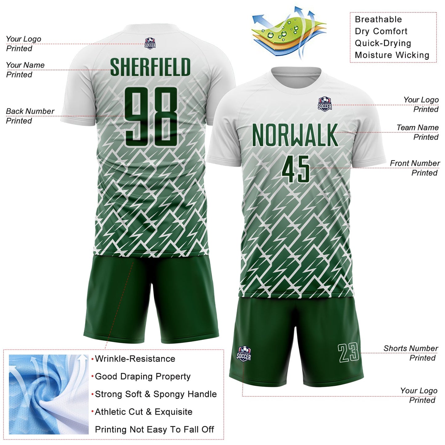 Custom White Green Lightning Sports Sublimation Soccer Uniform Jersey view 4