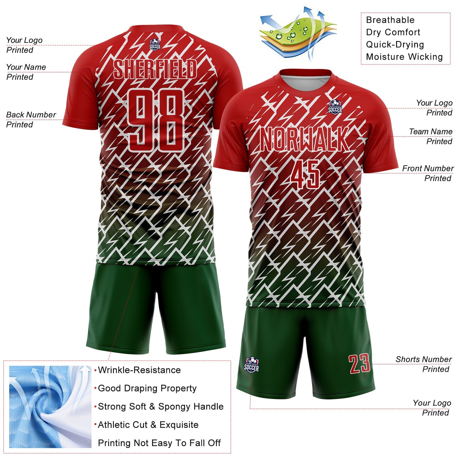 Custom Red Green-White Lightning Sports Sublimation Soccer Uniform Jersey view 4