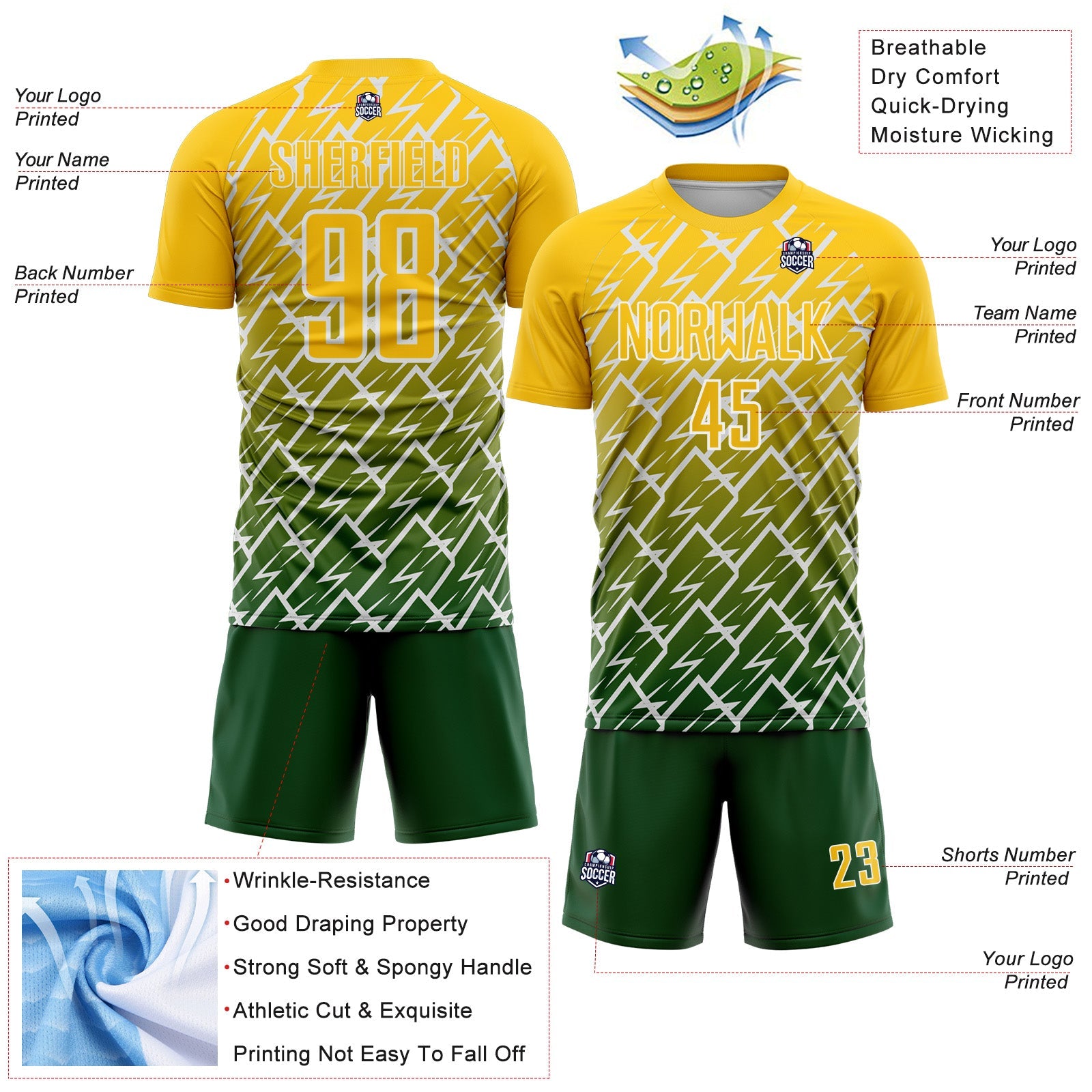 Custom Yellow Green-White Lightning Sports Sublimation Soccer Uniform Jersey view 4