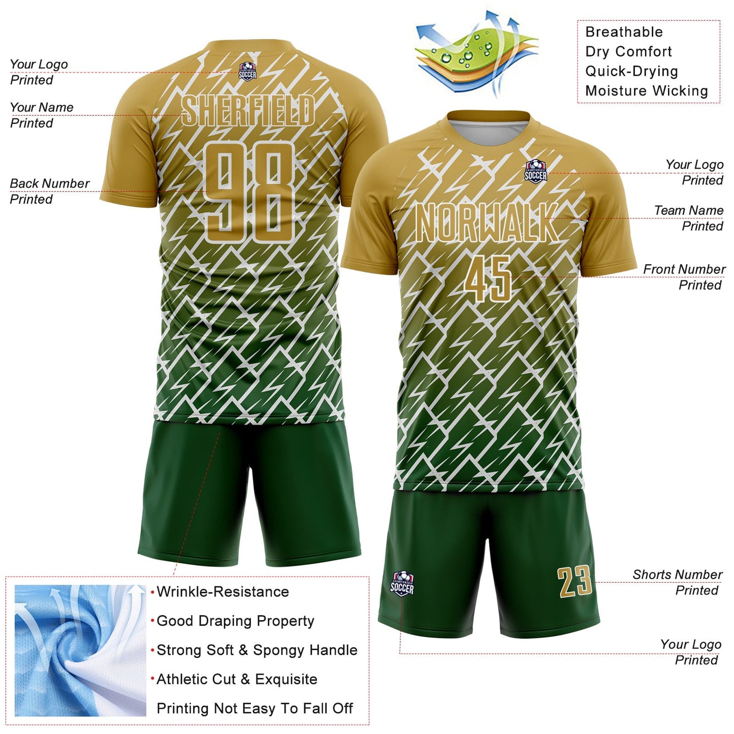 Custom Old Gold Green-White Lightning Sports Sublimation Soccer Uniform Jersey view 4