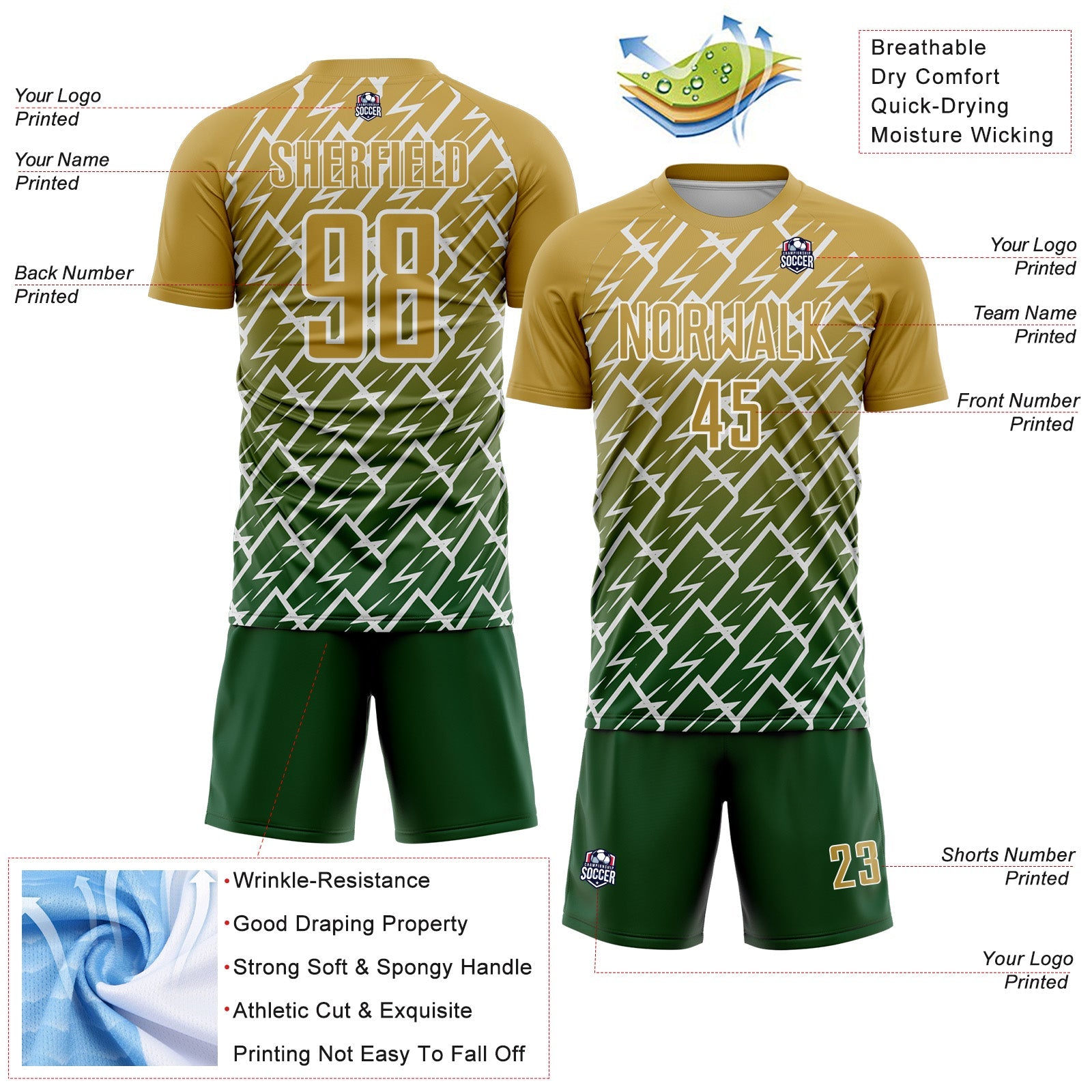 Custom Old Gold Green-White Lightning Sports Sublimation Soccer Uniform Jersey view 4