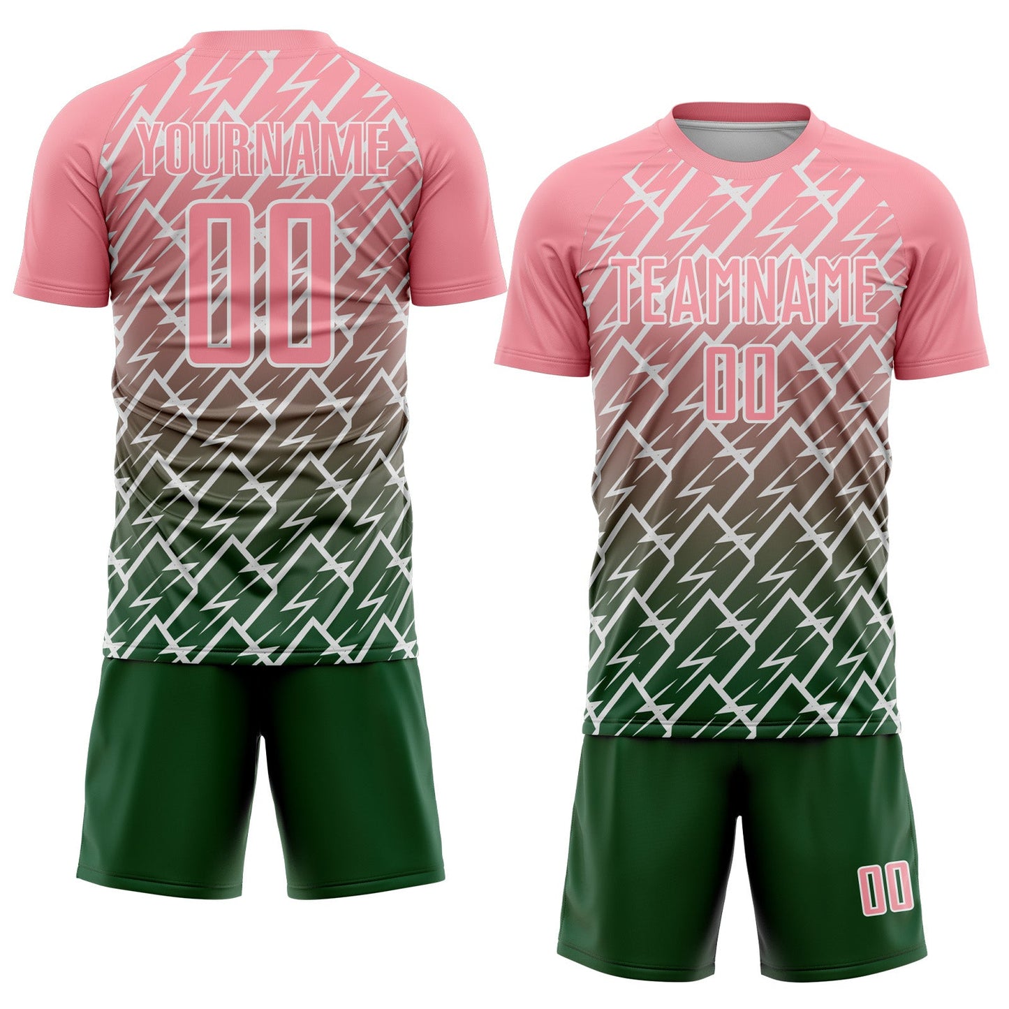 Custom Medium Pink Green-White Lightning Sports Sublimation Soccer Uniform Jersey view 2