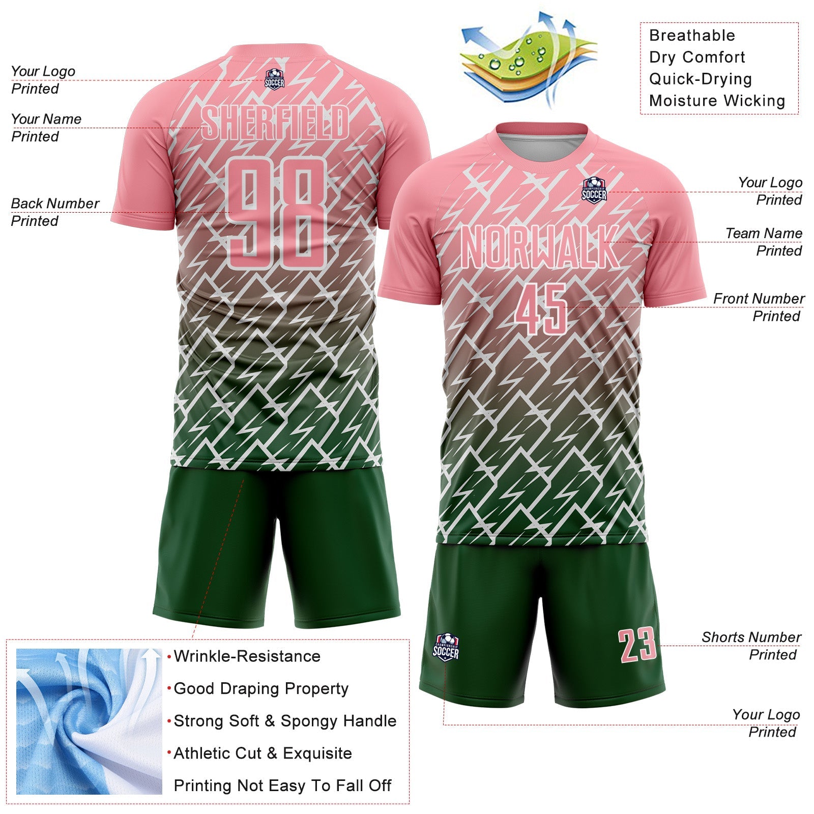 Custom Medium Pink Green-White Lightning Sports Sublimation Soccer Uniform Jersey view 4