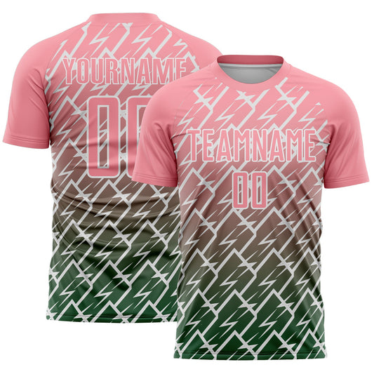 Custom Medium Pink Green-White Lightning Sports Sublimation Soccer Uniform Jersey - Main View