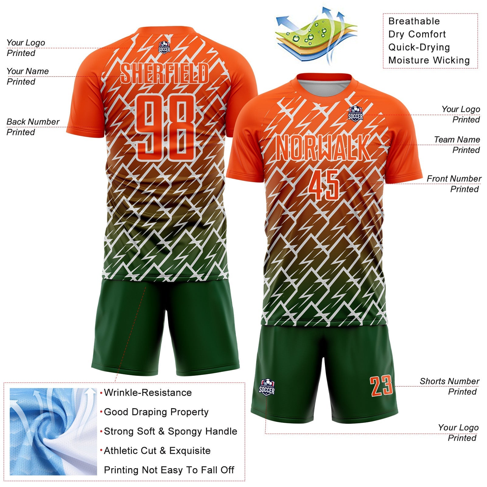 Custom Orange Green-White Lightning Sports Sublimation Soccer Uniform Jersey view 4