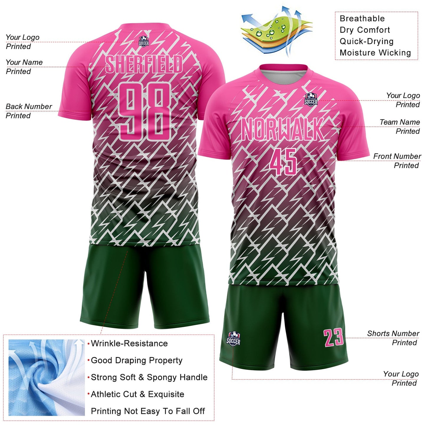 Custom Pink Green-White Lightning Sports Sublimation Soccer Uniform Jersey view 4