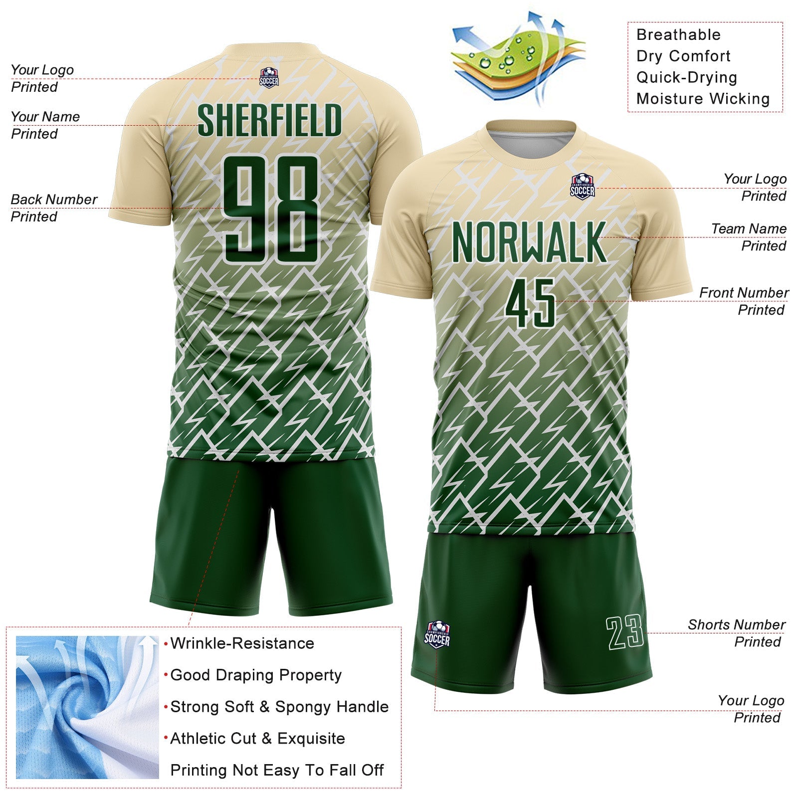 Custom Cream Green-White Lightning Sports Sublimation Soccer Uniform Jersey view 4