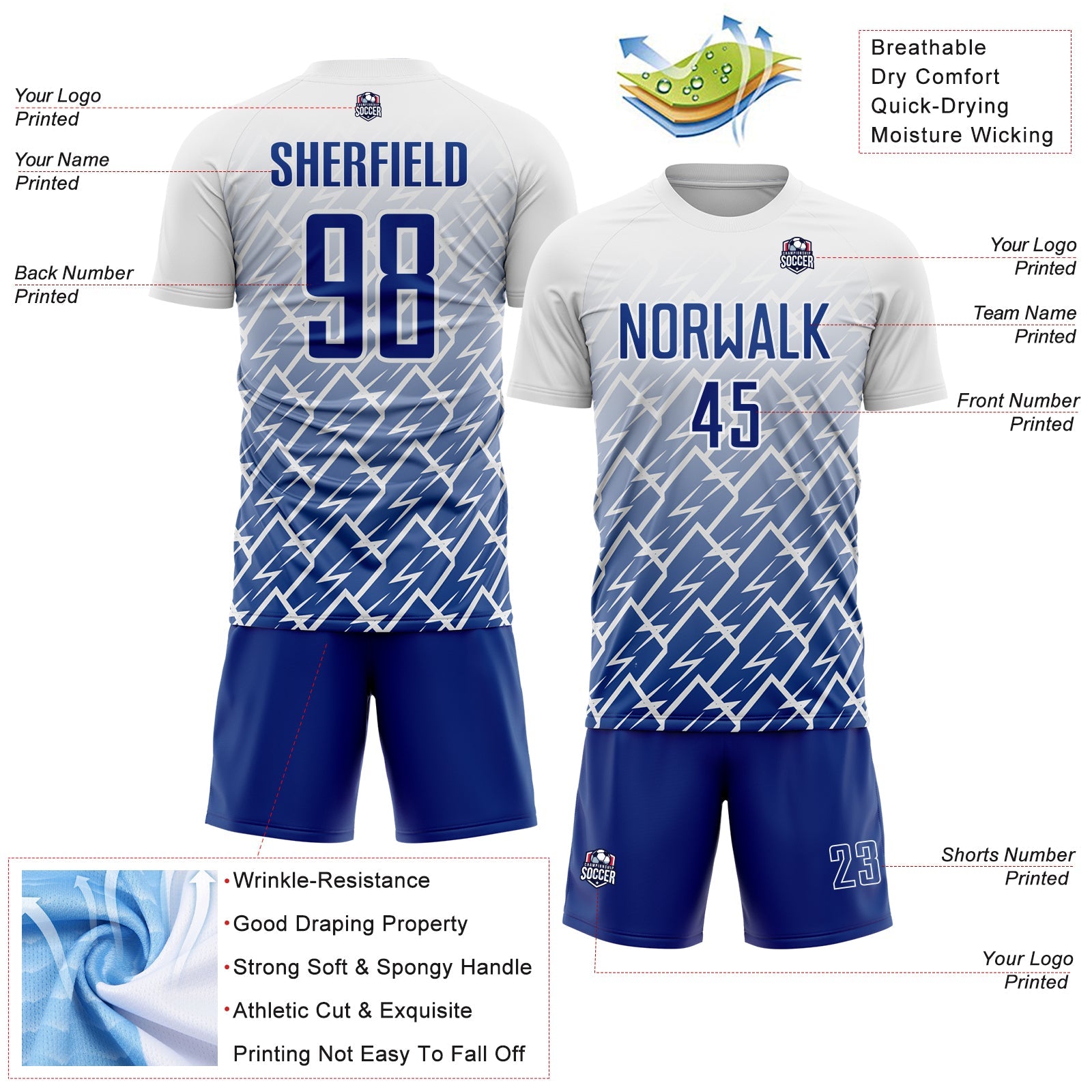 Custom White Royal Lightning Sports Sublimation Soccer Uniform Jersey view 4