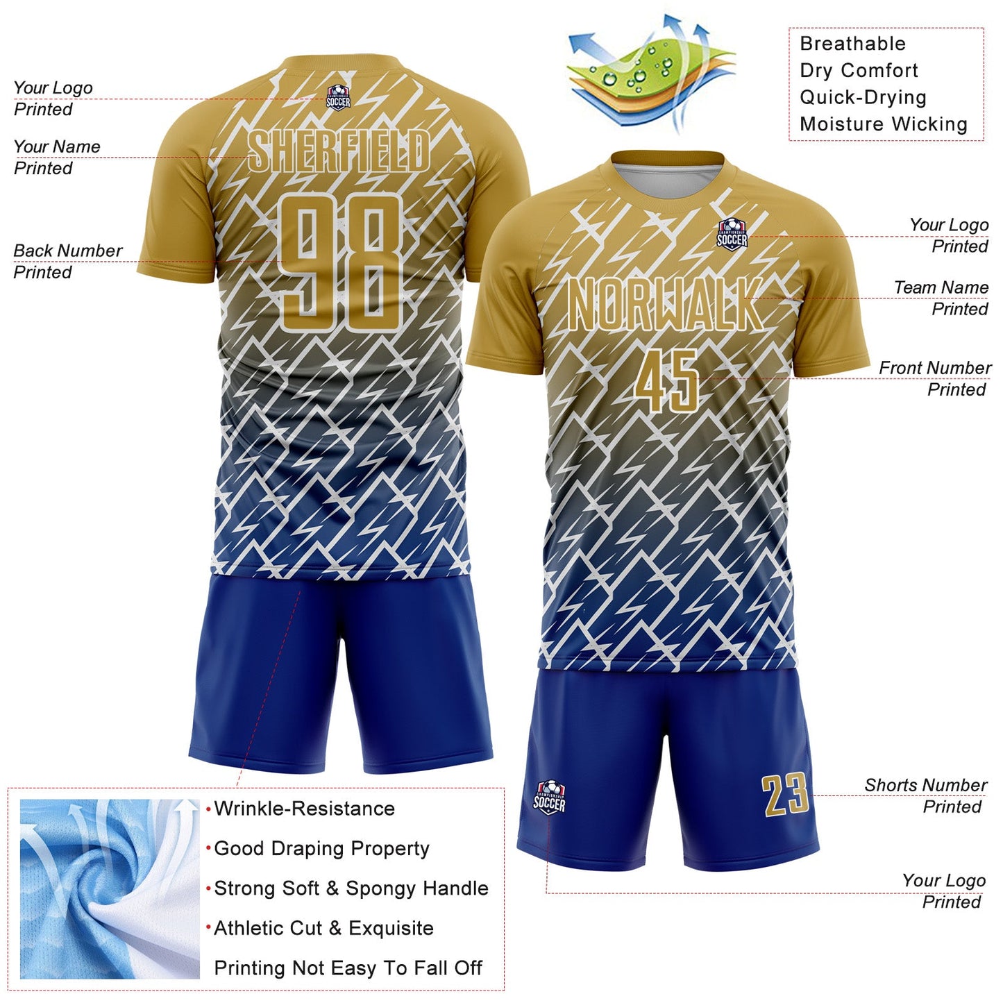Custom Old Gold Royal-White Lightning Sports Sublimation Soccer Uniform Jersey view 4