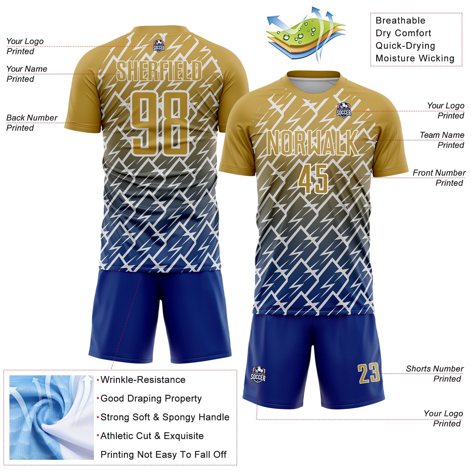 Custom Old Gold Royal-White Lightning Sports Sublimation Soccer Uniform Jersey view 4