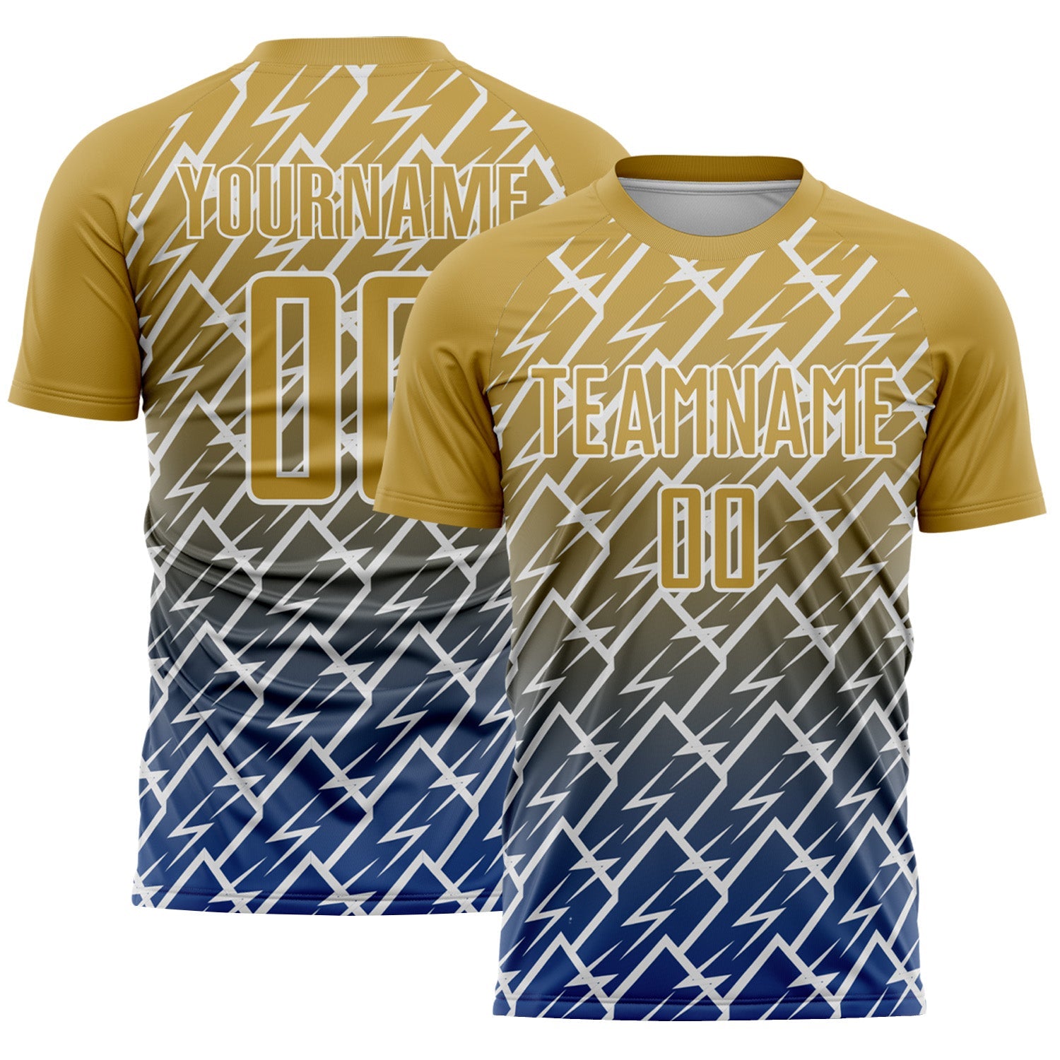 Custom Old Gold Royal-White Lightning Sports Sublimation Soccer Uniform Jersey - Main View