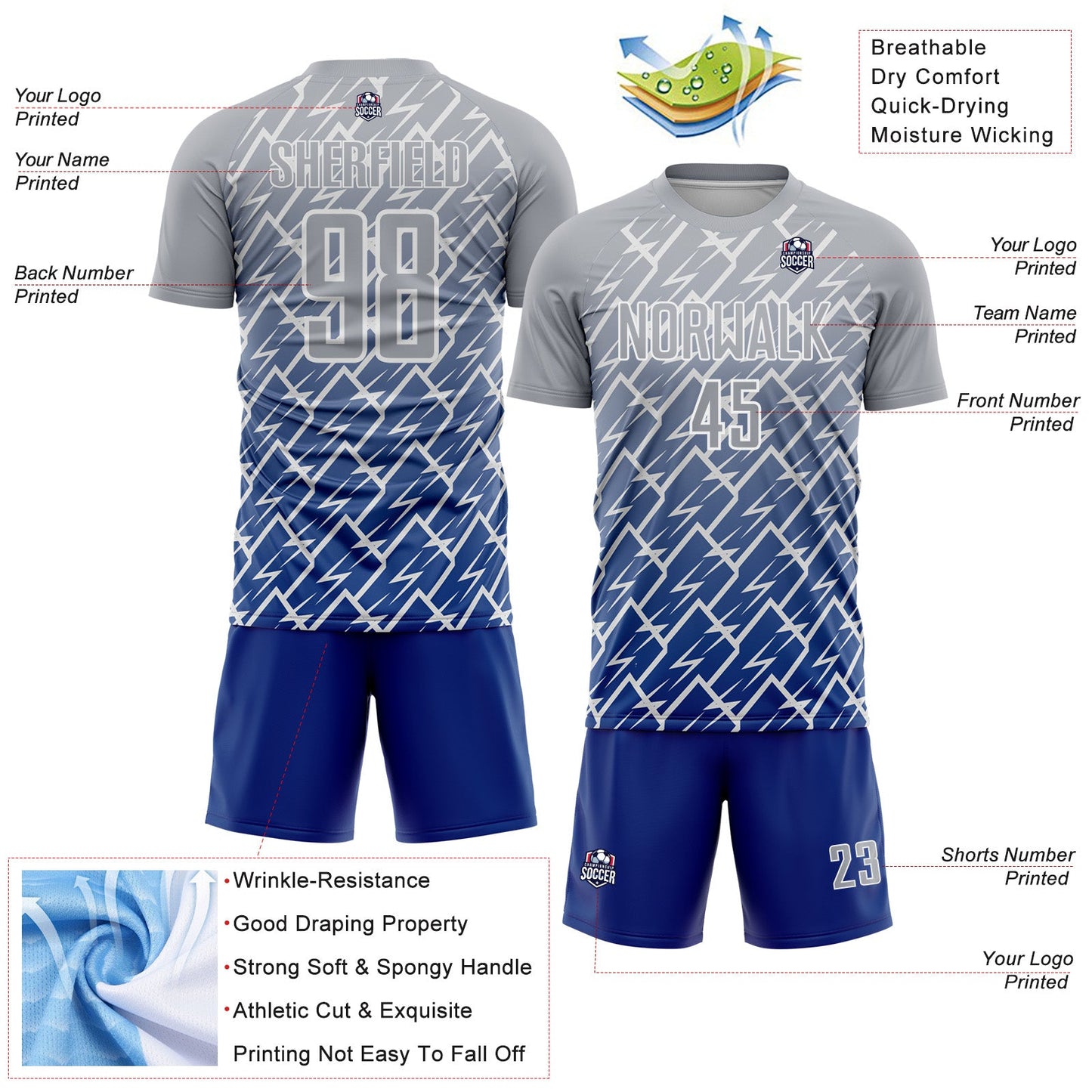 Custom Gray Royal-White Lightning Sports Sublimation Soccer Uniform Jersey view 4