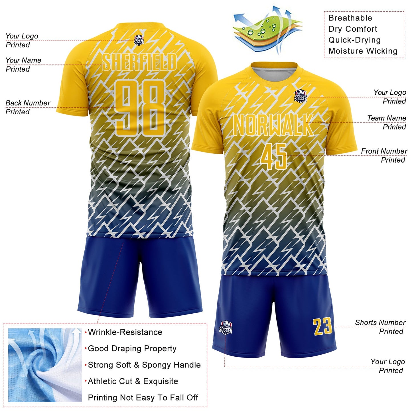 Custom Yellow Royal-White Lightning Sports Sublimation Soccer Uniform Jersey view 4