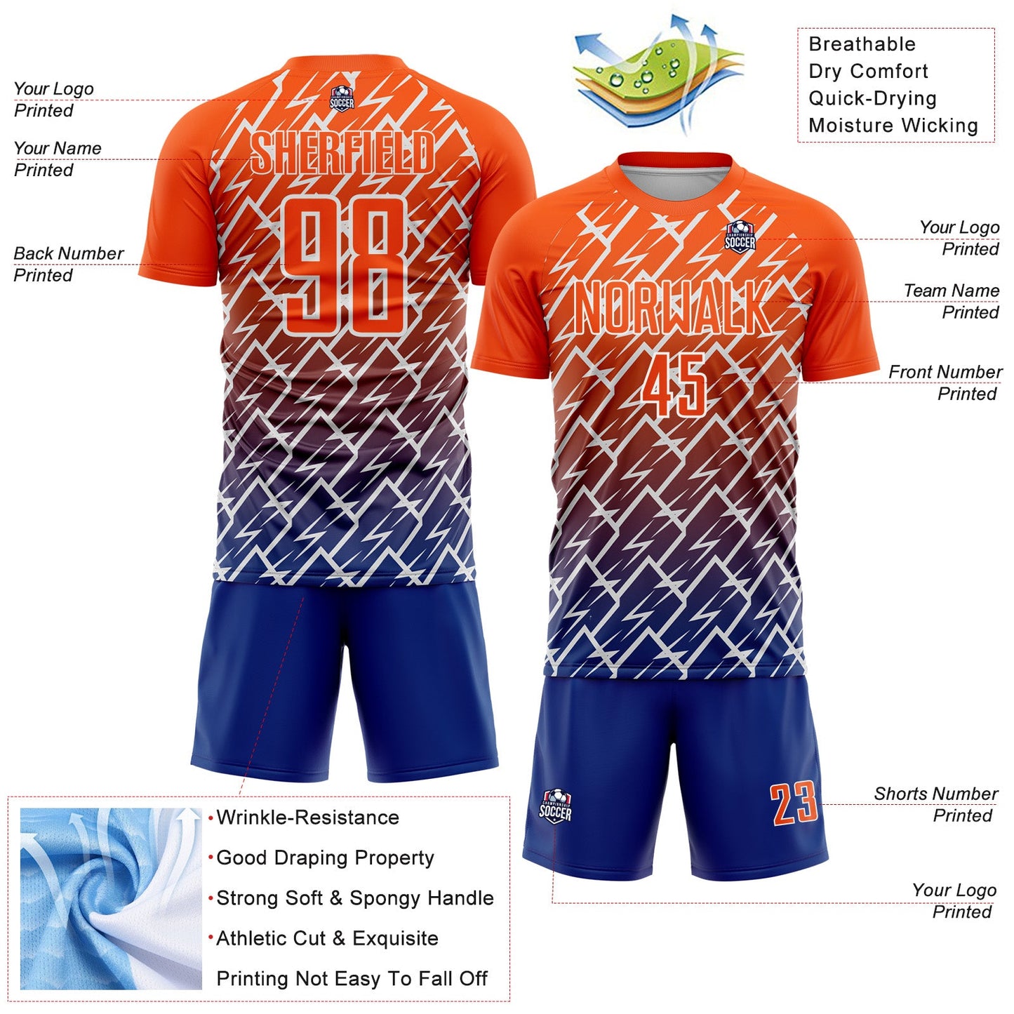 Custom Orange Royal-White Lightning Sports Sublimation Soccer Uniform Jersey view 4