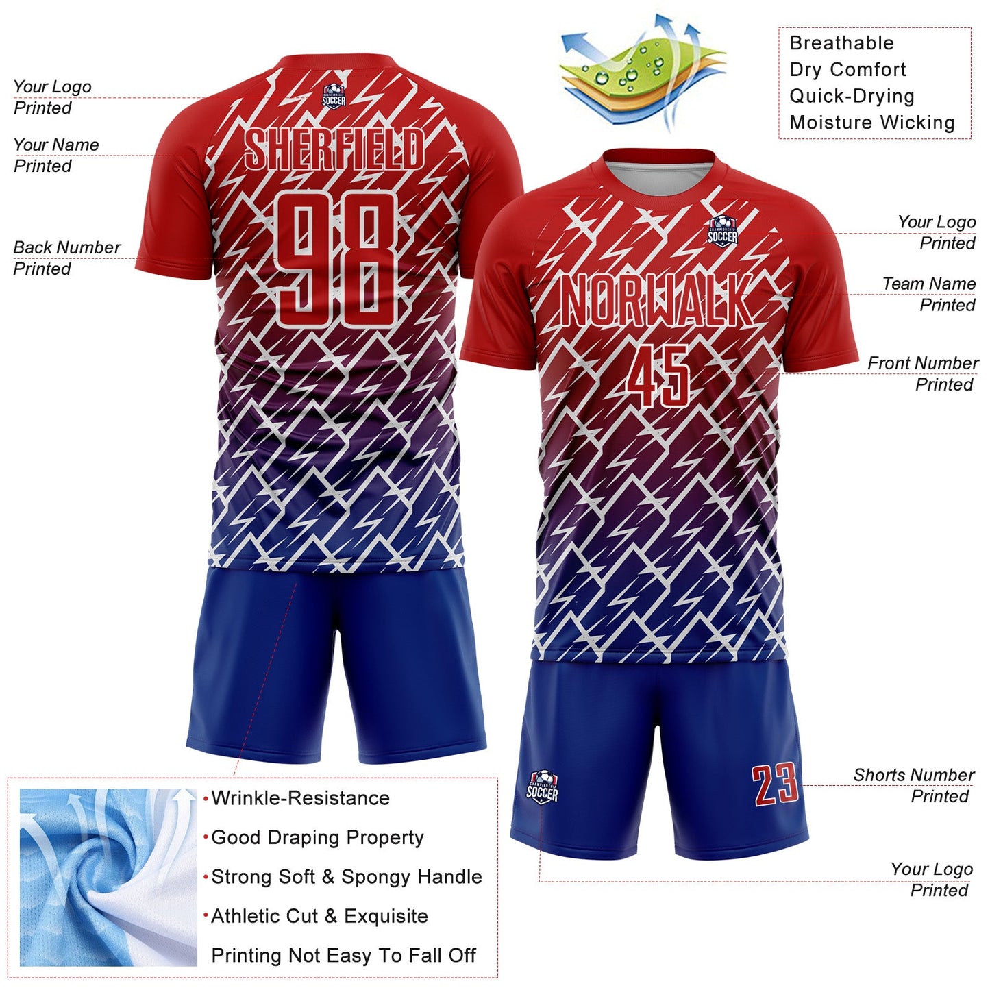 Custom Red Royal-White Lightning Sports Sublimation Soccer Uniform Jersey view 4
