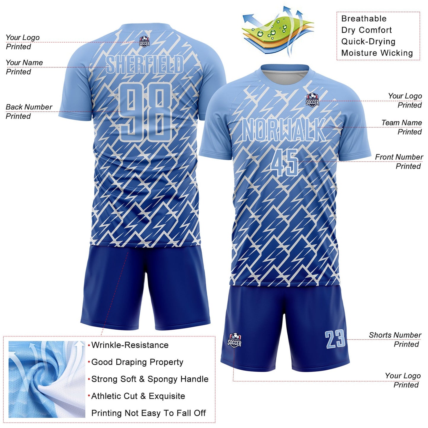 Custom Light Blue Royal-White Lightning Sports Sublimation Soccer Uniform Jersey view 4