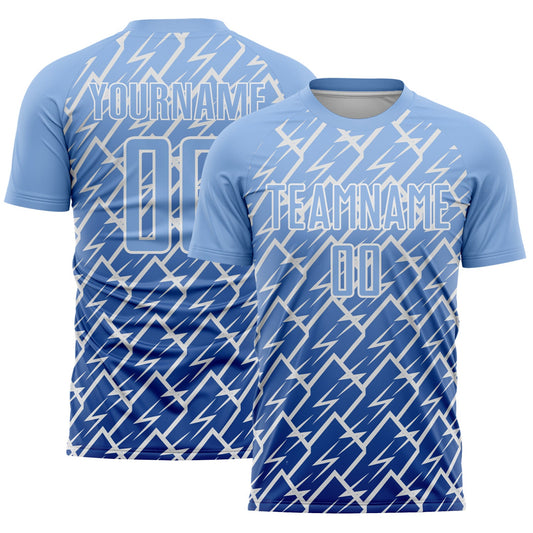 Custom Light Blue Royal-White Lightning Sports Sublimation Soccer Uniform Jersey - Main View