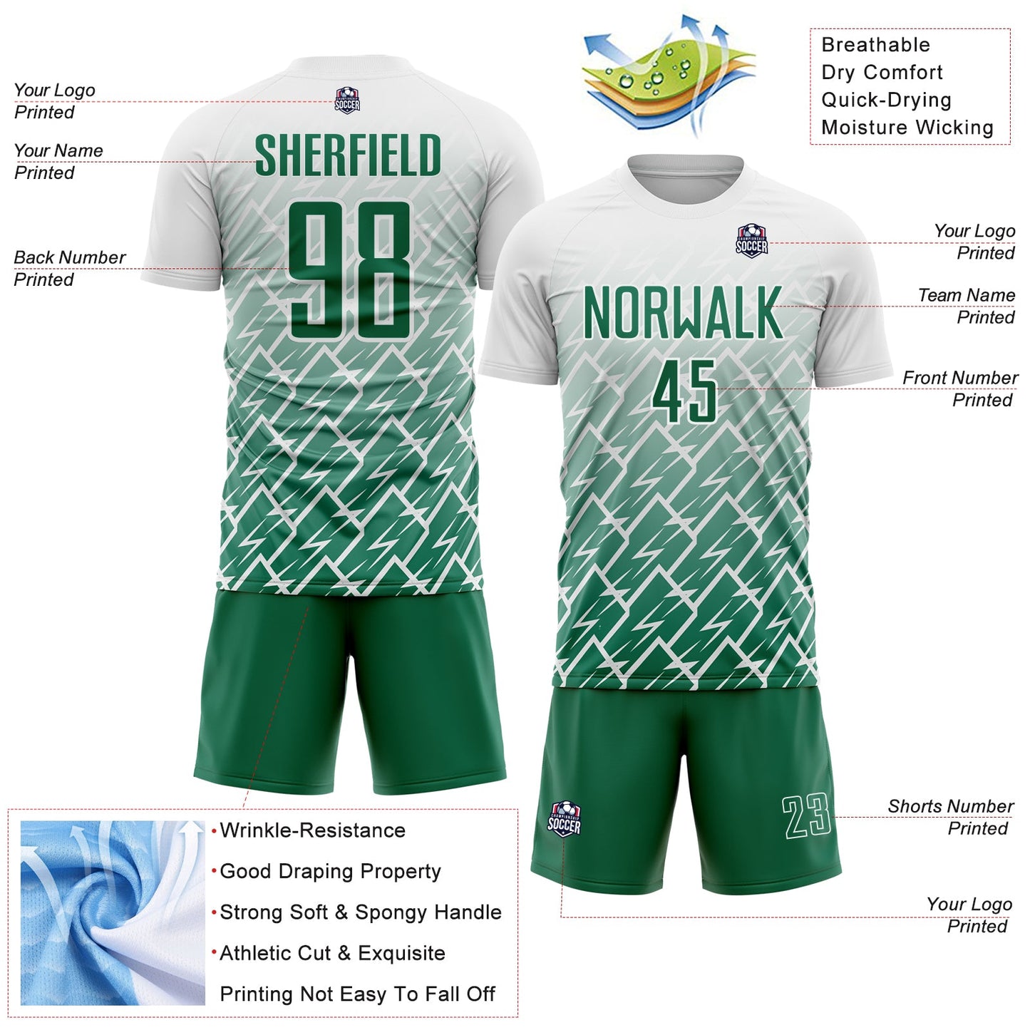 Custom White Kelly Green Lightning Sports Sublimation Soccer Uniform Jersey view 4
