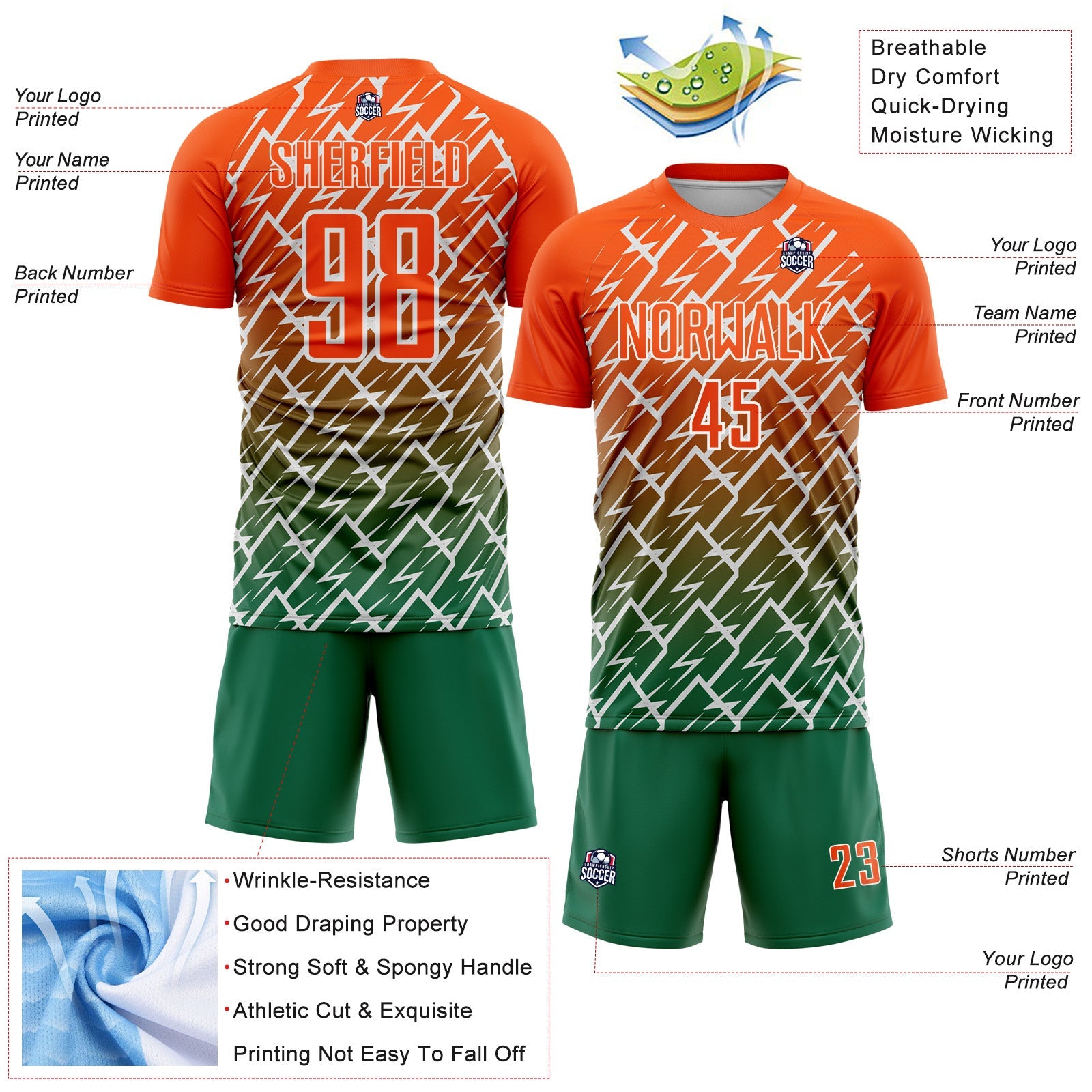 Custom Orange Kelly Green-White Lightning Sports Sublimation Soccer Uniform Jersey view 4