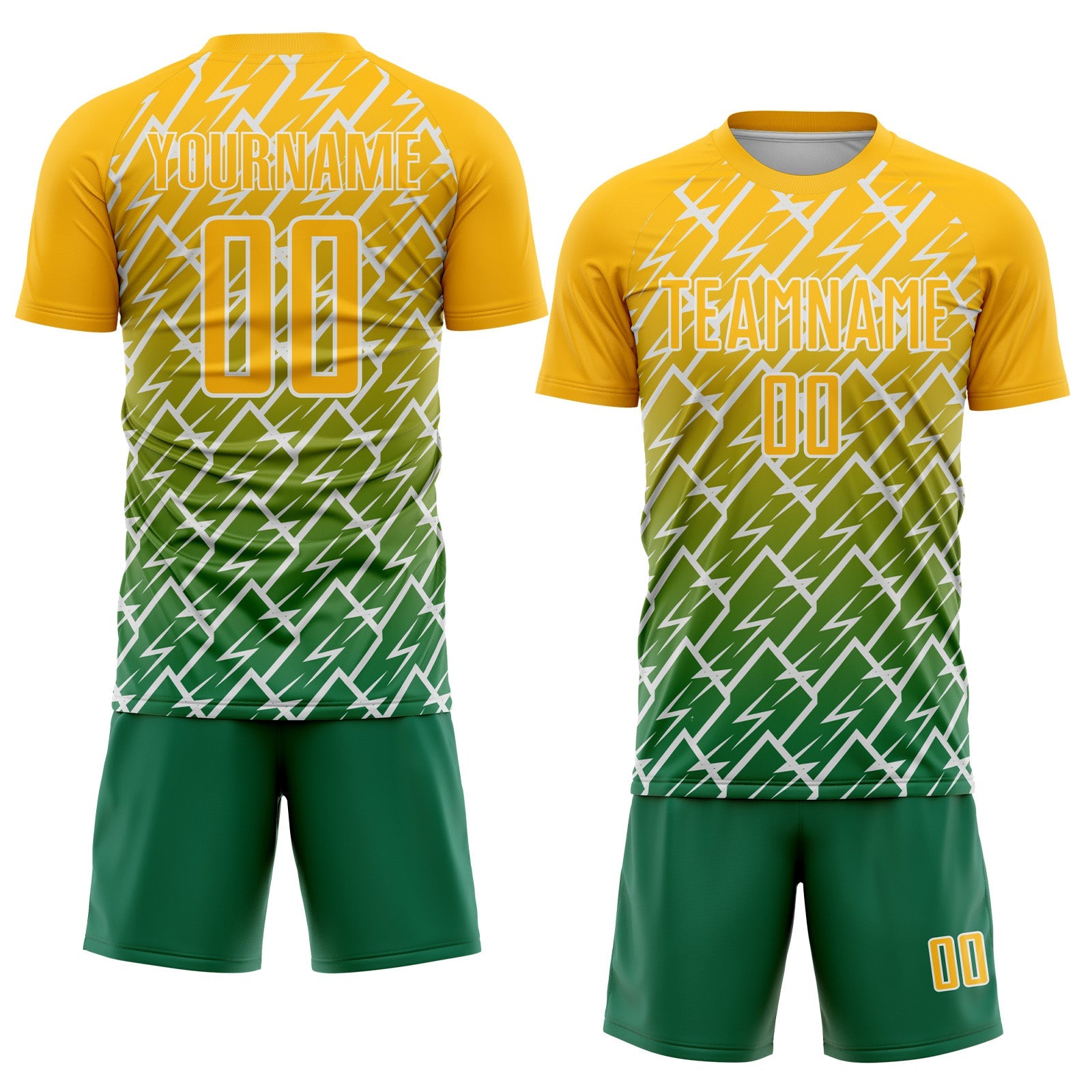 Custom Gold Kelly Green-White Lightning Sports Sublimation Soccer Uniform Jersey view 2
