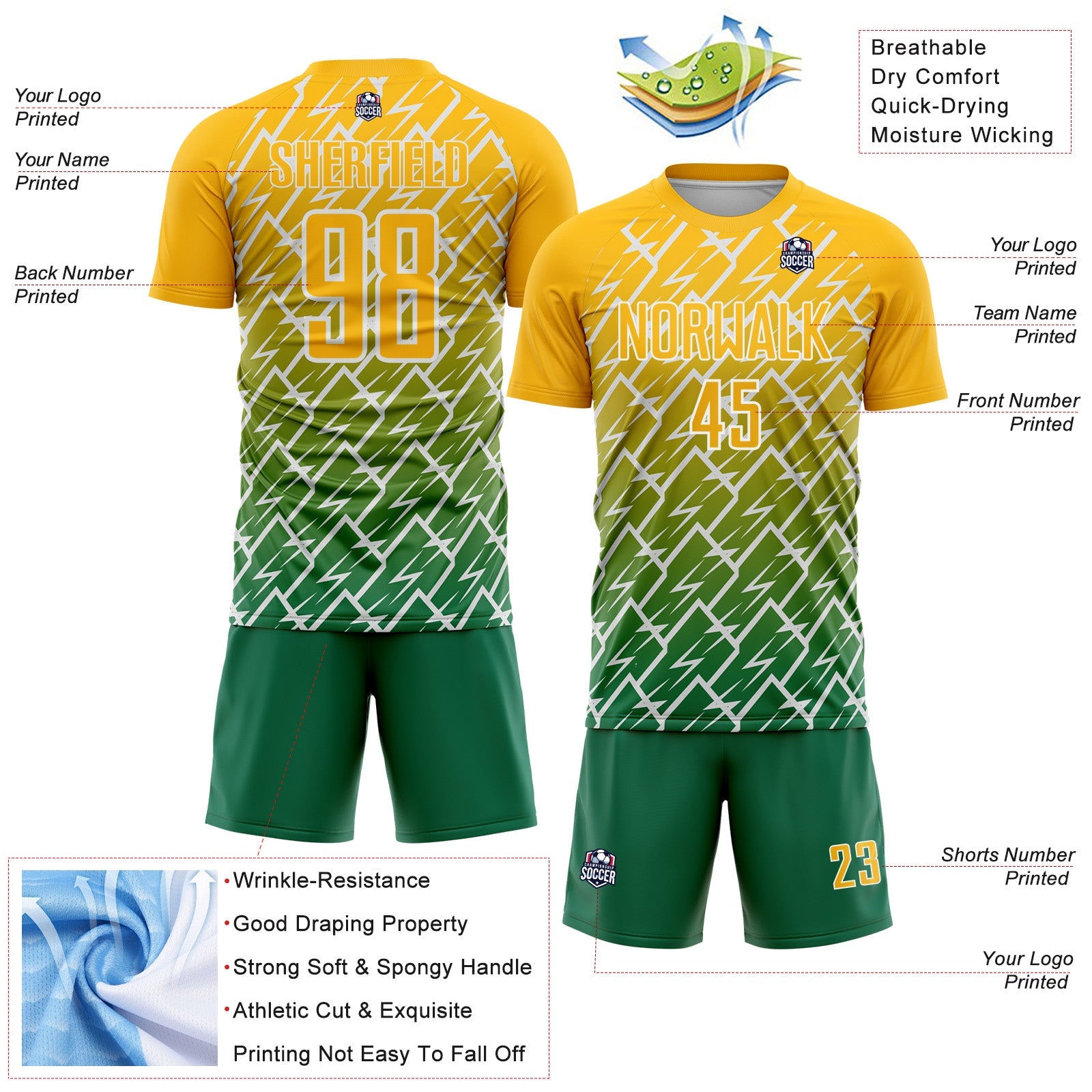 Custom Gold Kelly Green-White Lightning Sports Sublimation Soccer Uniform Jersey view 4