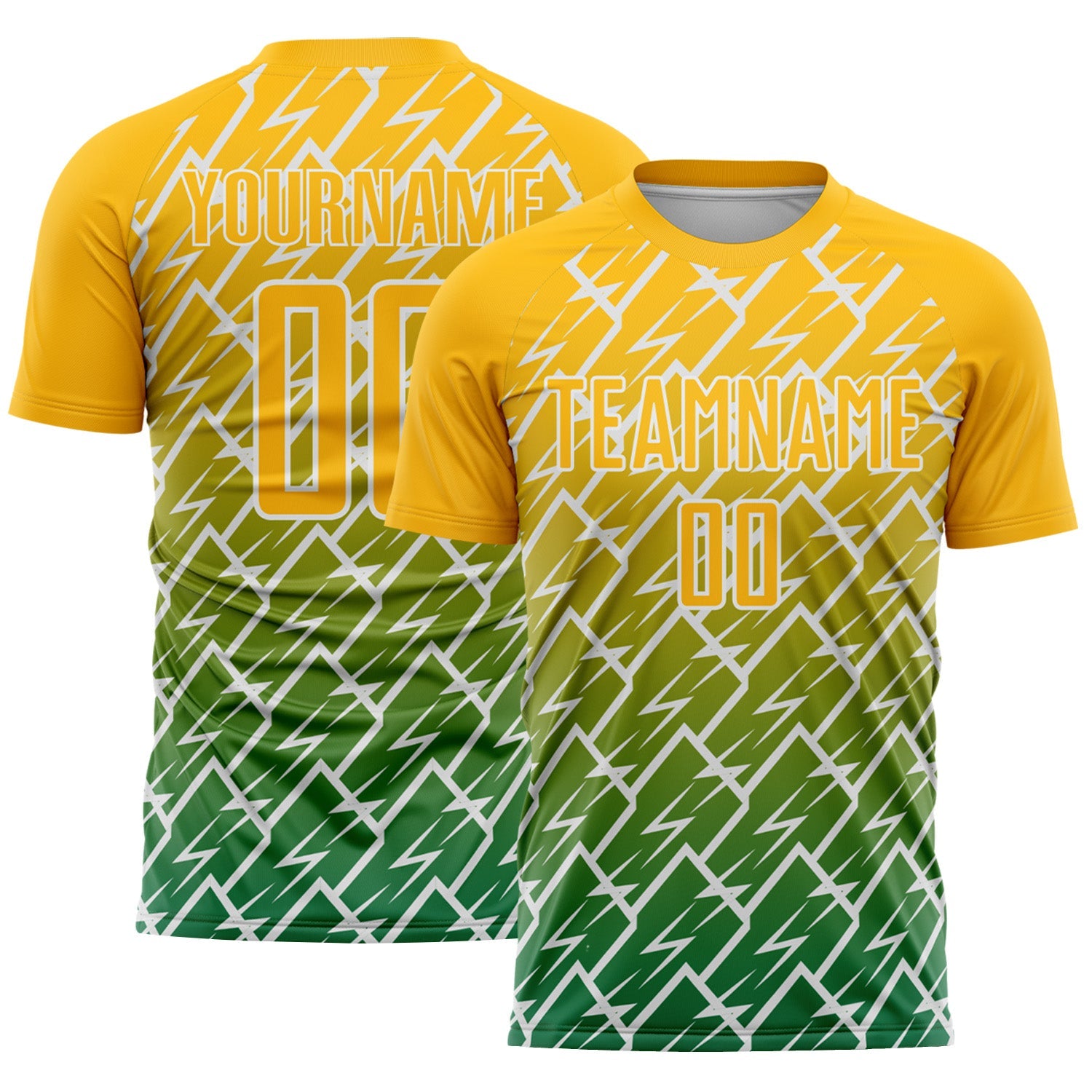 Custom Gold Kelly Green-White Lightning Sports Sublimation Soccer Uniform Jersey - Main View