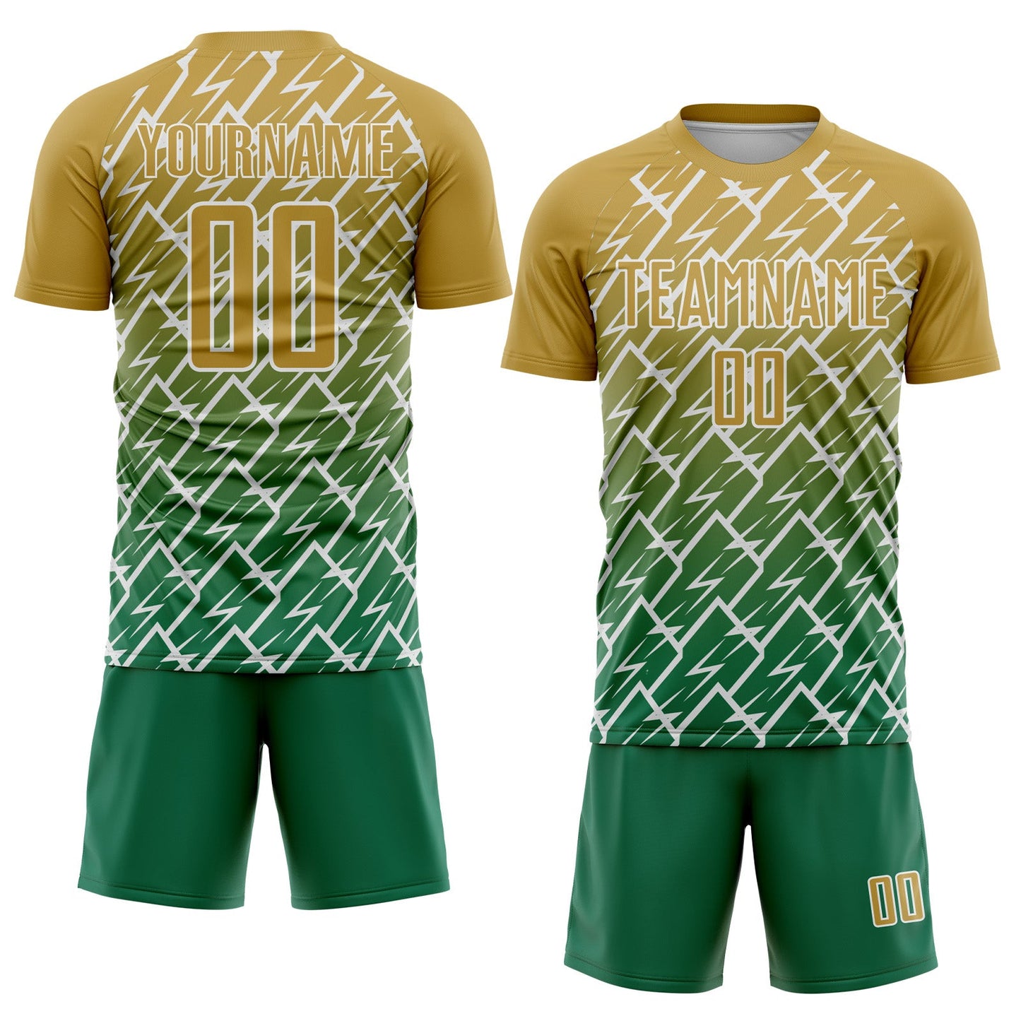 Custom Old Gold Kelly Green-White Lightning Sports Sublimation Soccer Uniform Jersey view 2