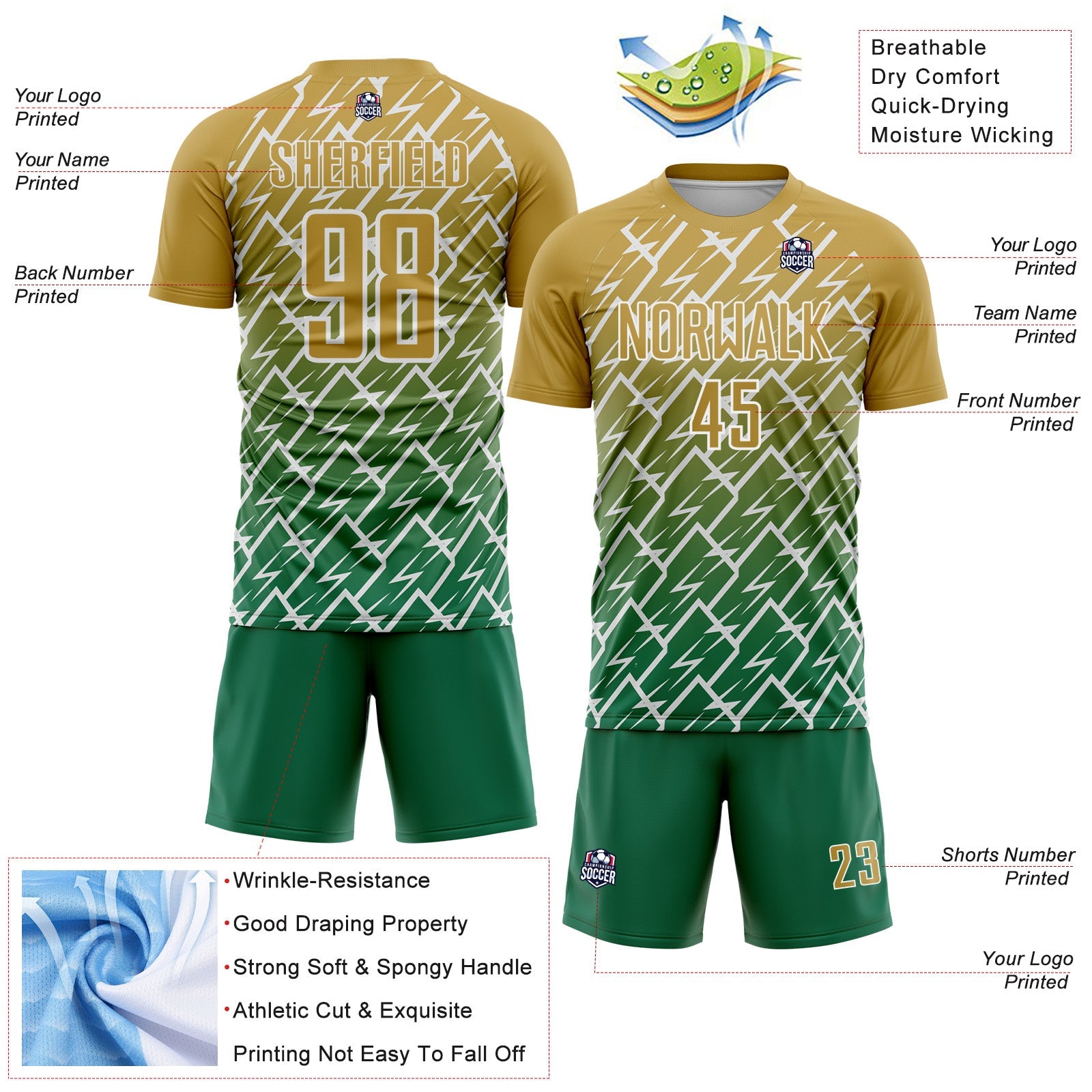 Custom Old Gold Kelly Green-White Lightning Sports Sublimation Soccer Uniform Jersey view 4