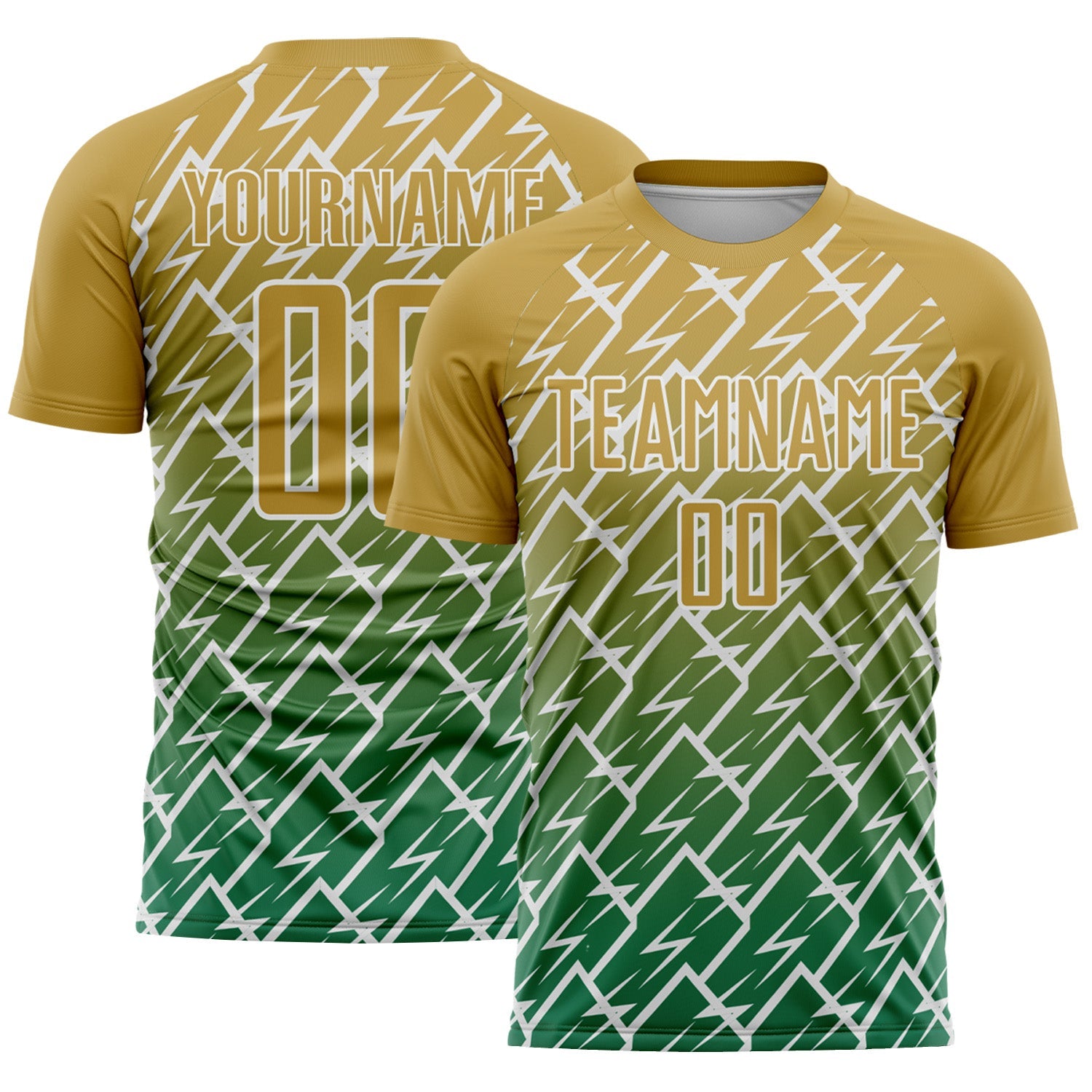 Custom Old Gold Kelly Green-White Lightning Sports Sublimation Soccer Uniform Jersey - Main View