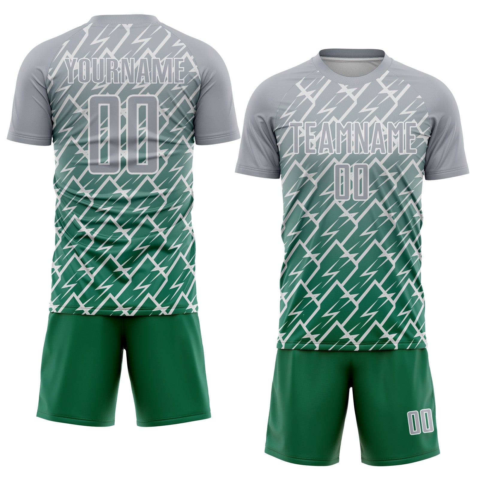 Custom Gray Kelly Green-White Lightning Sports Sublimation Soccer Uniform Jersey view 2