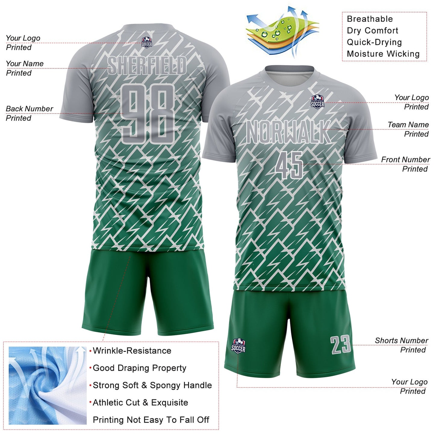 Custom Gray Kelly Green-White Lightning Sports Sublimation Soccer Uniform Jersey view 4