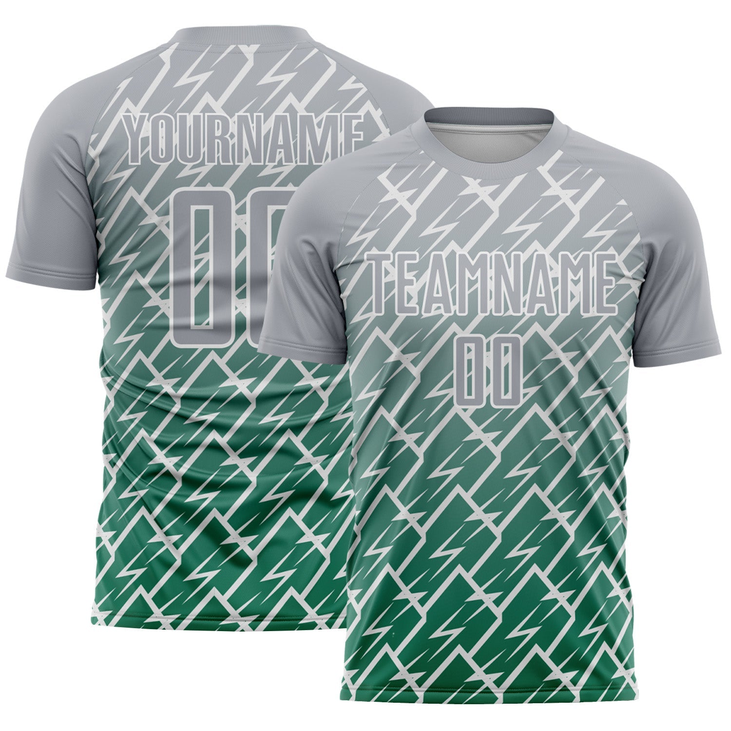 Custom Gray Kelly Green-White Lightning Sports Sublimation Soccer Uniform Jersey - Main View