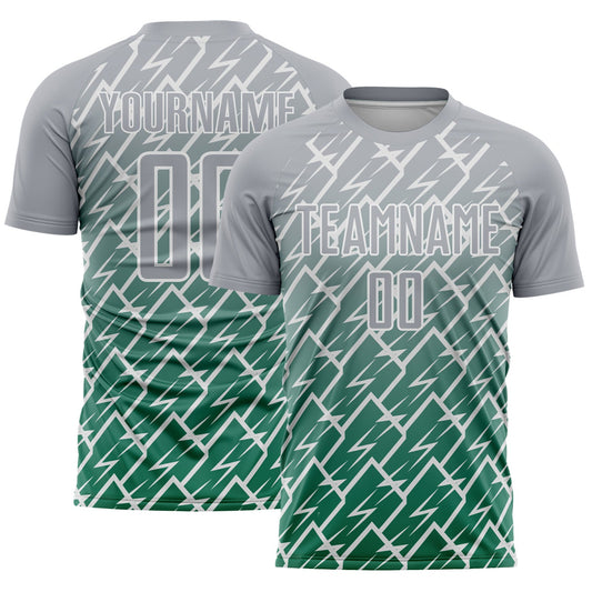 Custom Gray Kelly Green-White Lightning Sports Sublimation Soccer Uniform Jersey - Main View