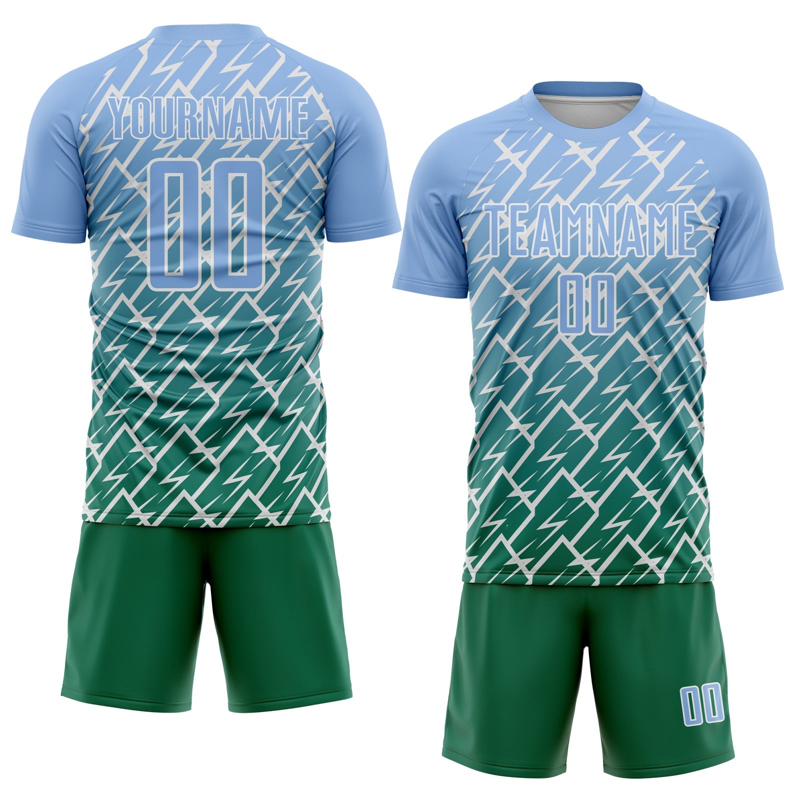 Custom Light Blue Kelly Green-White Lightning Sports Sublimation Soccer Uniform Jersey view 2