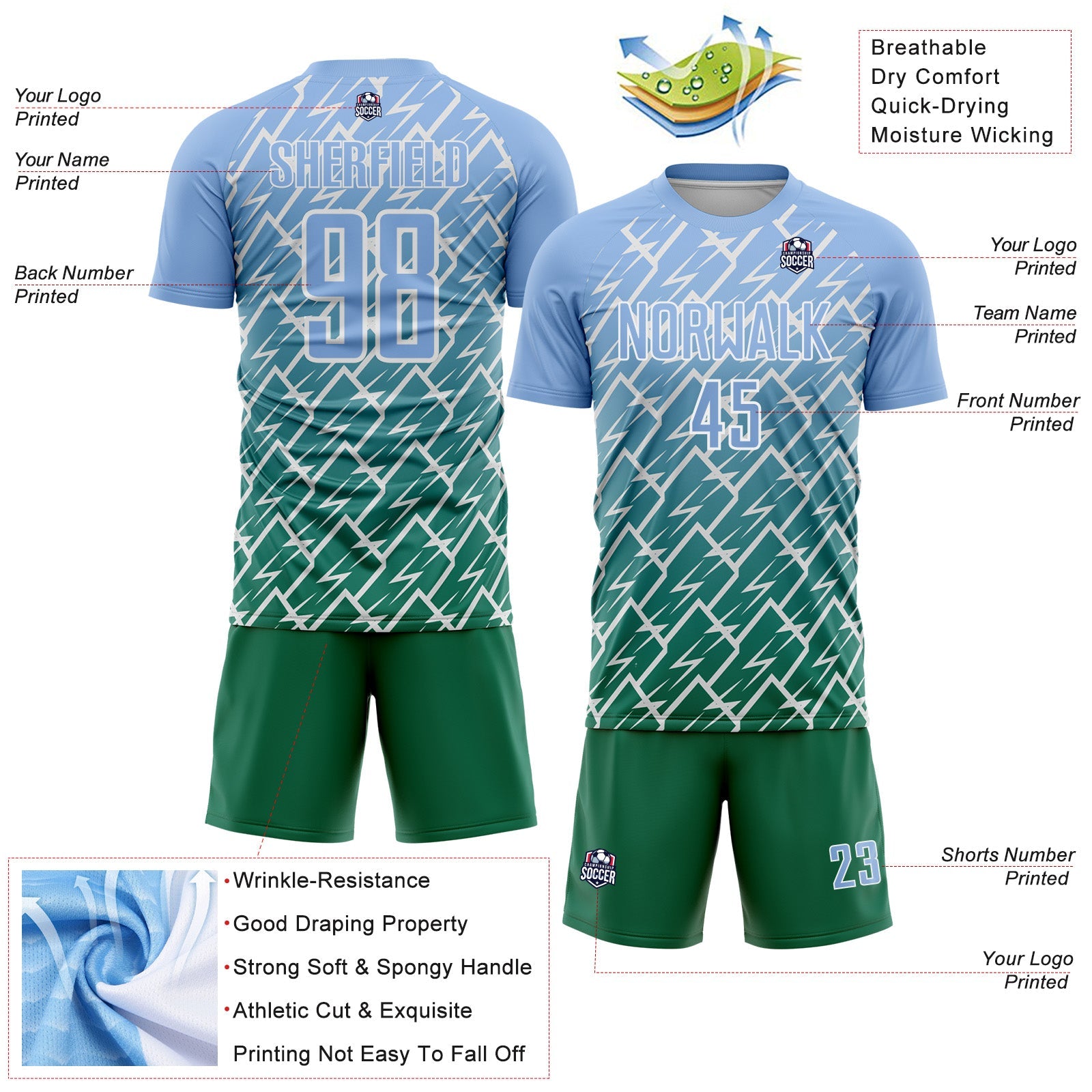 Custom Light Blue Kelly Green-White Lightning Sports Sublimation Soccer Uniform Jersey view 4
