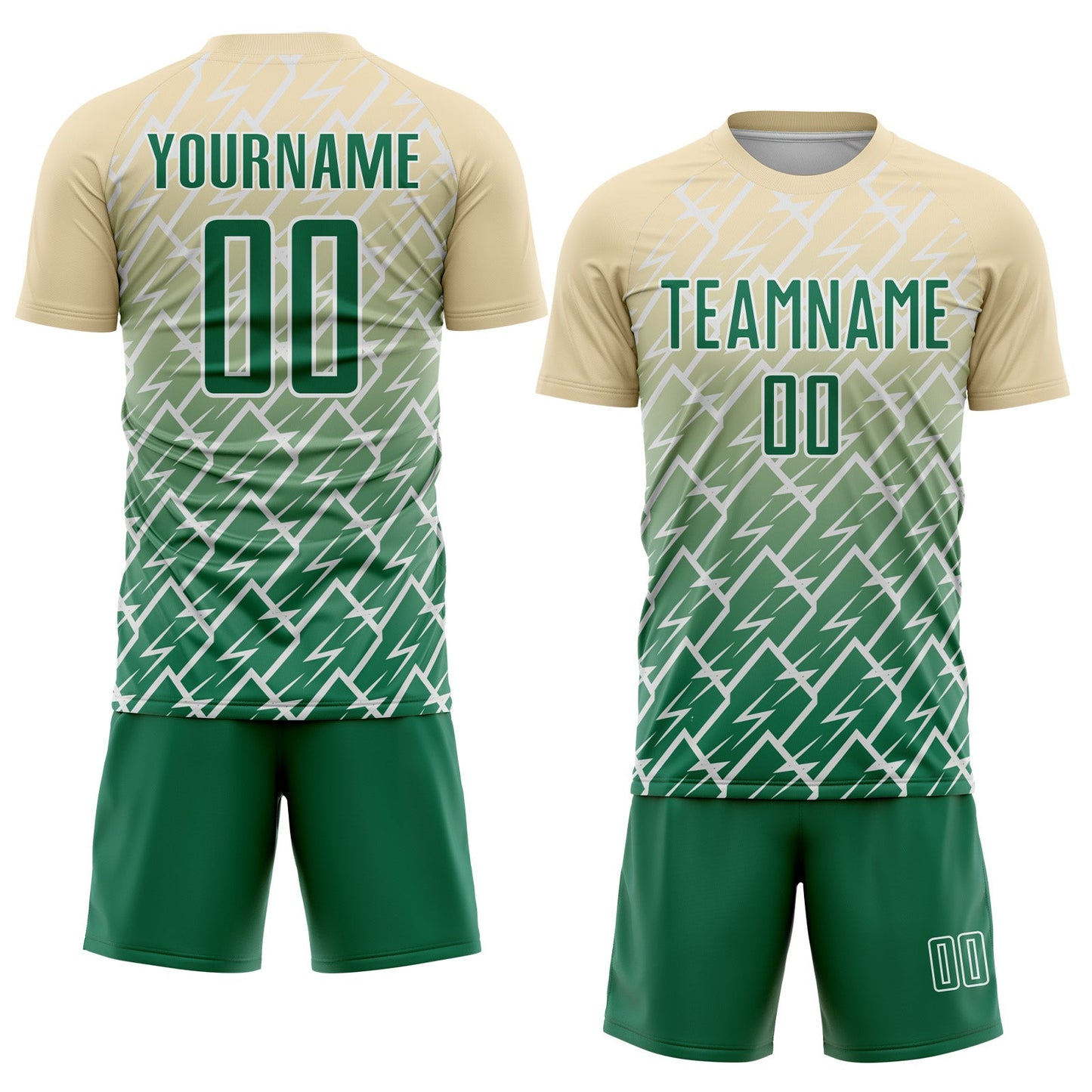 Custom Cream Kelly Green-White Lightning Sports Sublimation Soccer Uniform Jersey view 2