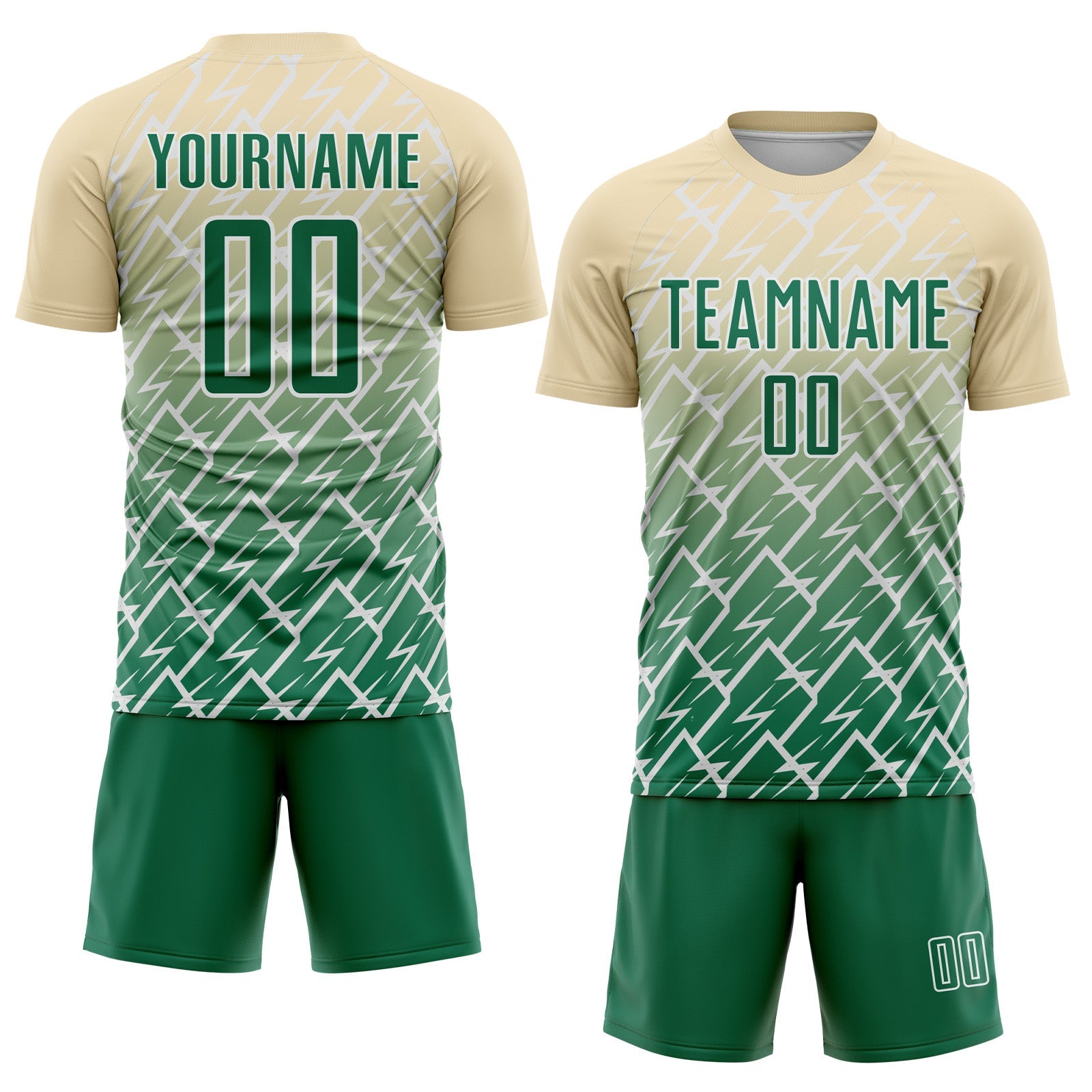 Custom Cream Kelly Green-White Lightning Sports Sublimation Soccer Uniform Jersey view 2