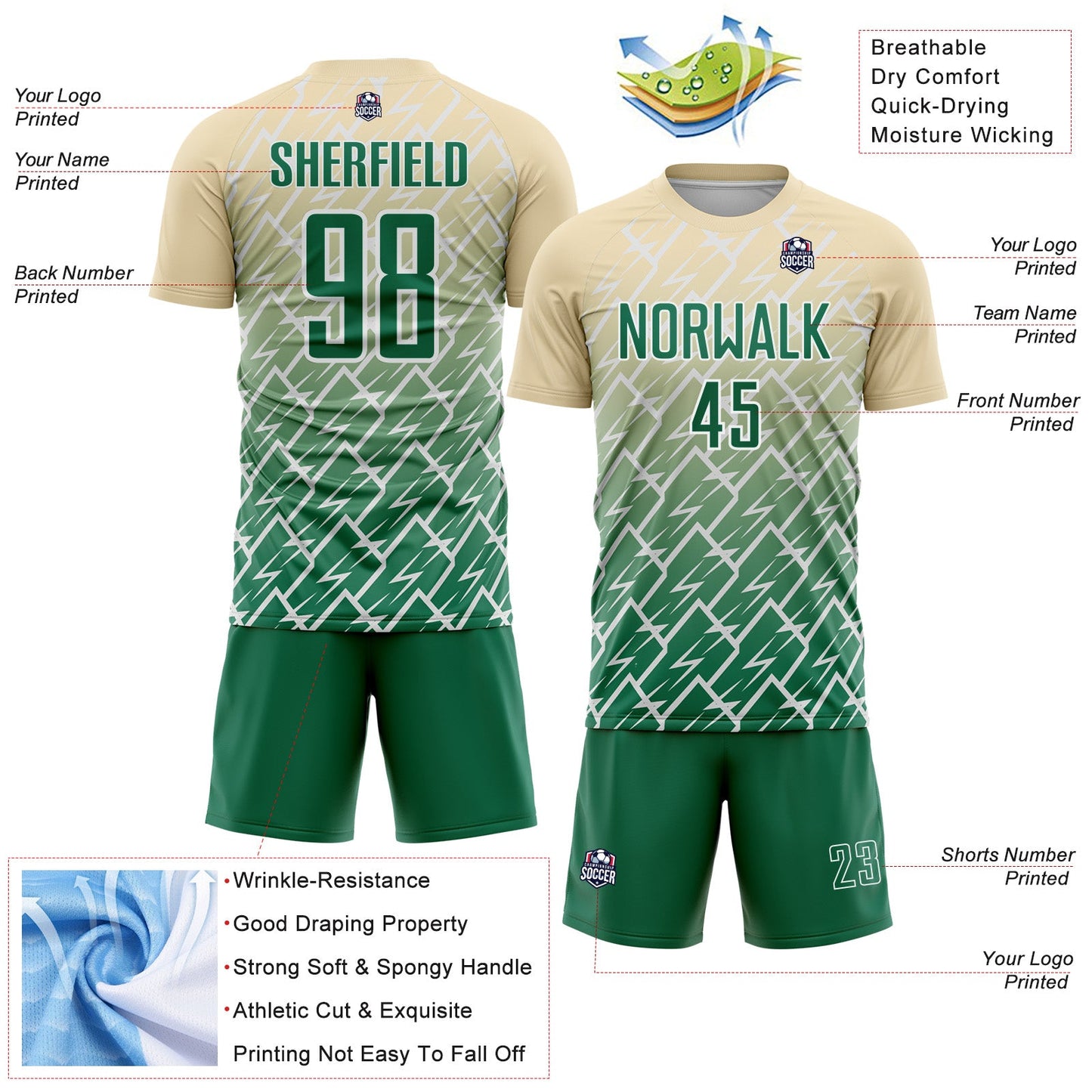 Custom Cream Kelly Green-White Lightning Sports Sublimation Soccer Uniform Jersey view 4