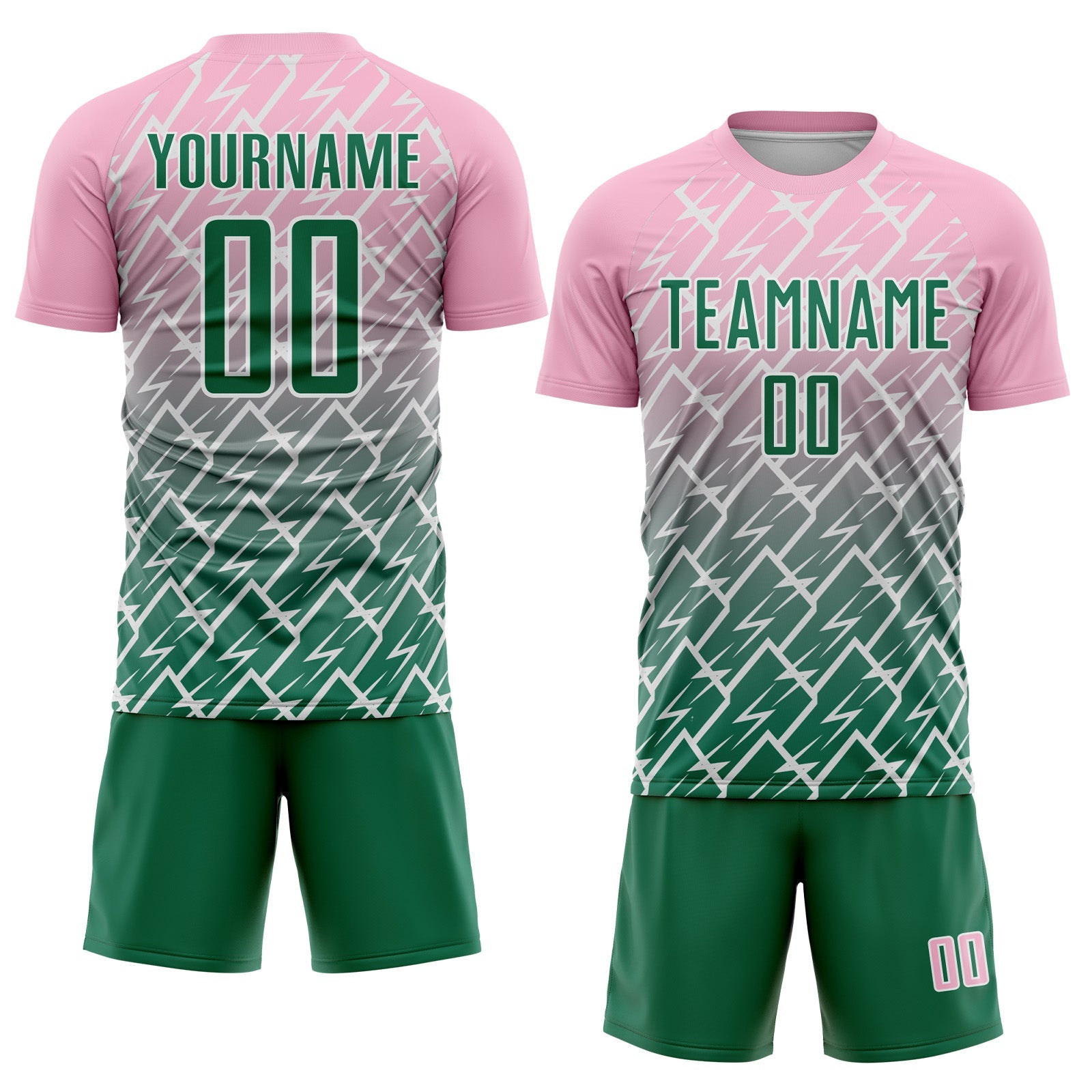 Custom Light Pink Kelly Green-White Lightning Sports Sublimation Soccer Uniform Jersey view 2