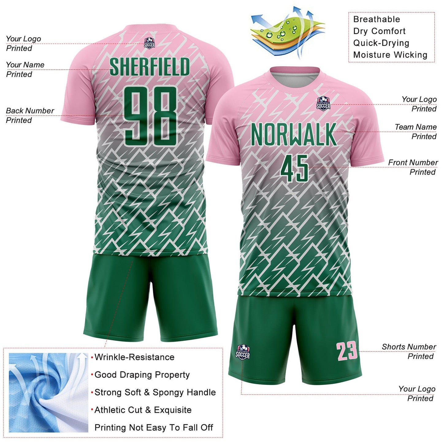 Custom Light Pink Kelly Green-White Lightning Sports Sublimation Soccer Uniform Jersey view 4
