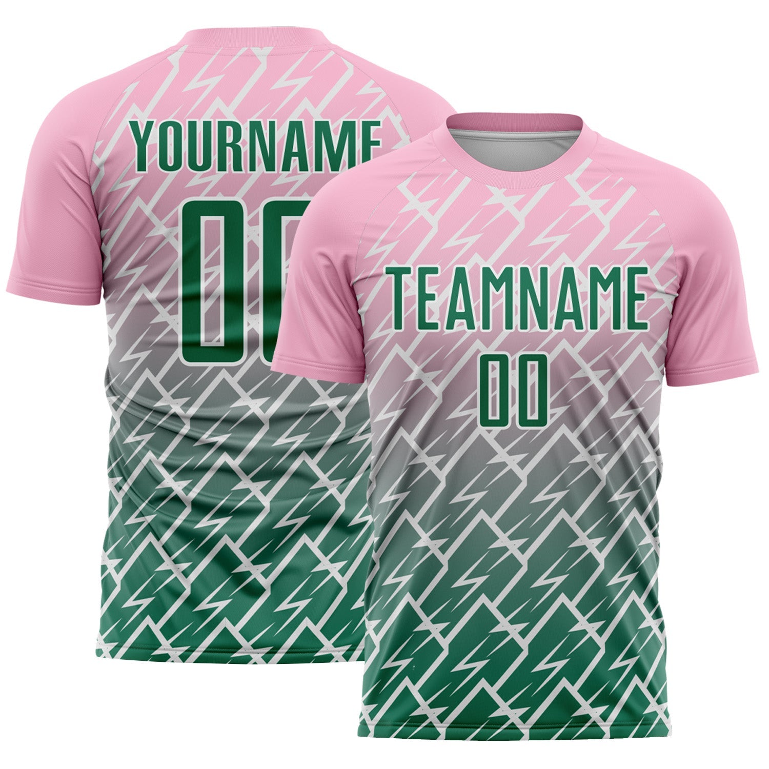 Custom Light Pink Kelly Green-White Lightning Sports Sublimation Soccer Uniform Jersey - Main View