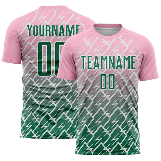 Custom Light Pink Kelly Green-White Lightning Sports Sublimation Soccer Uniform Jersey - Main View