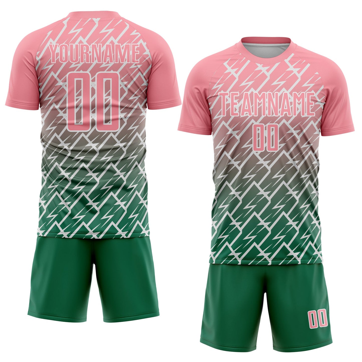Custom Medium Pink Kelly Green-White Lightning Sports Sublimation Soccer Uniform Jersey view 2