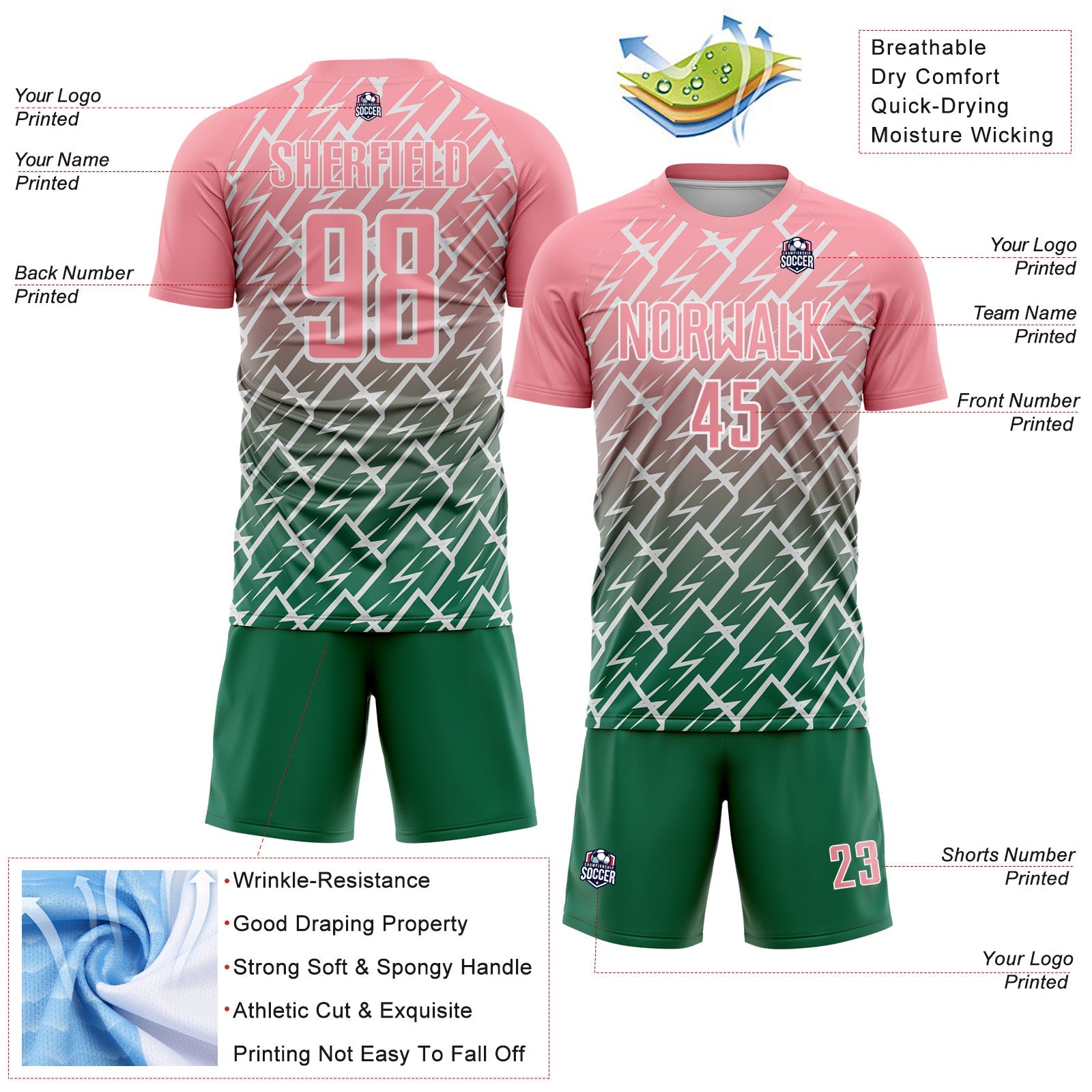 Custom Medium Pink Kelly Green-White Lightning Sports Sublimation Soccer Uniform Jersey view 4
