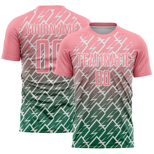Custom Medium Pink Kelly Green-White Lightning Sports Sublimation Soccer Uniform Jersey - Main View