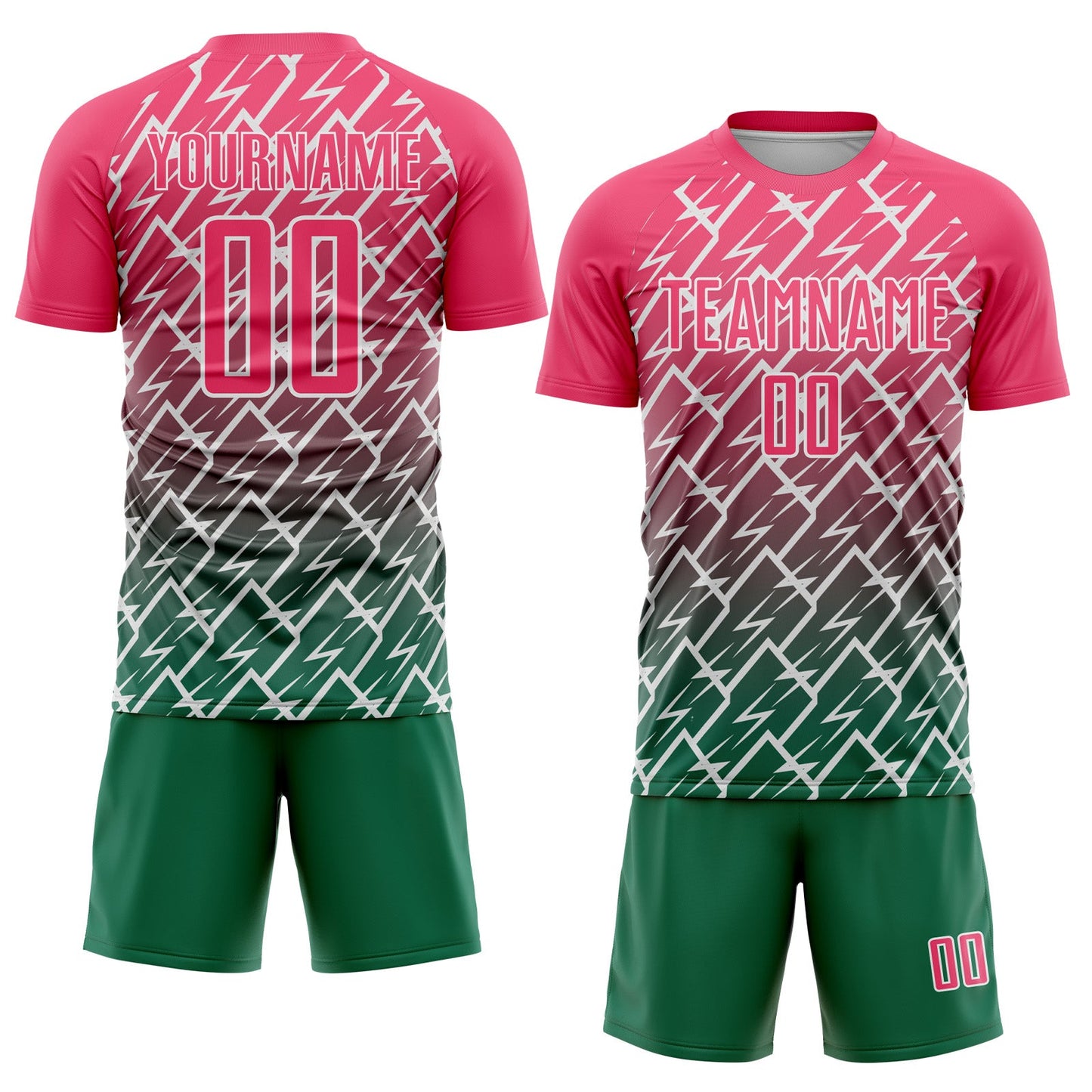 Custom Neon Pink Kelly Green-White Lightning Sports Sublimation Soccer Uniform Jersey view 2