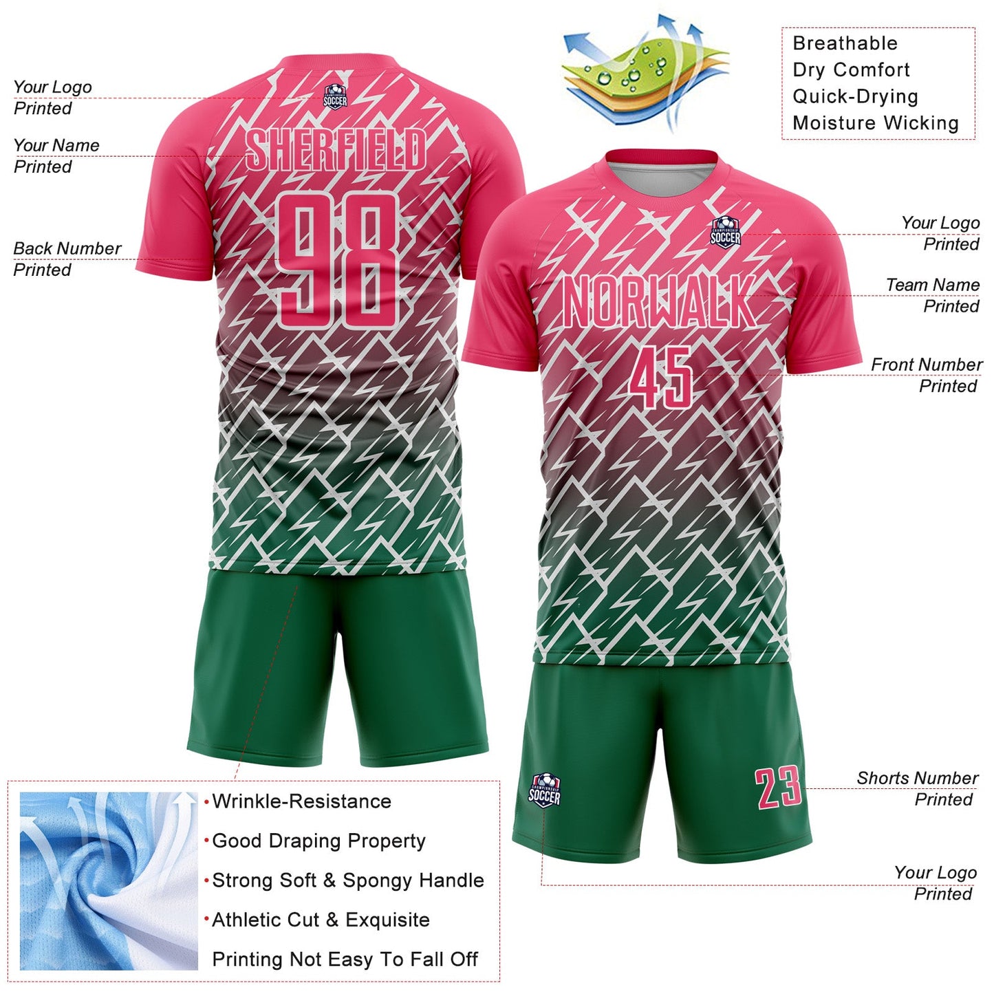 Custom Neon Pink Kelly Green-White Lightning Sports Sublimation Soccer Uniform Jersey view 4