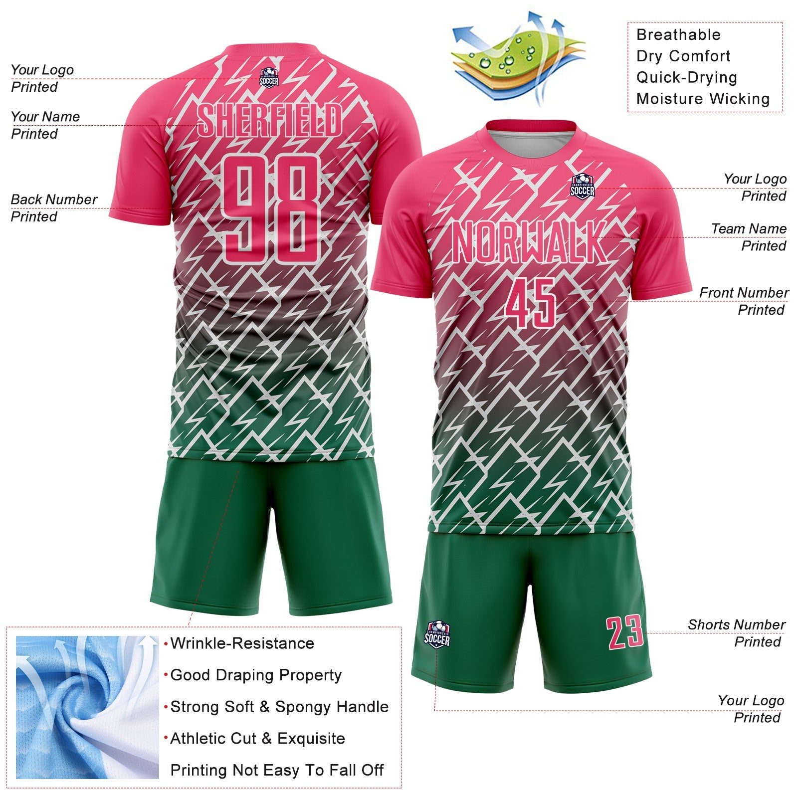 Custom Neon Pink Kelly Green-White Lightning Sports Sublimation Soccer Uniform Jersey view 4